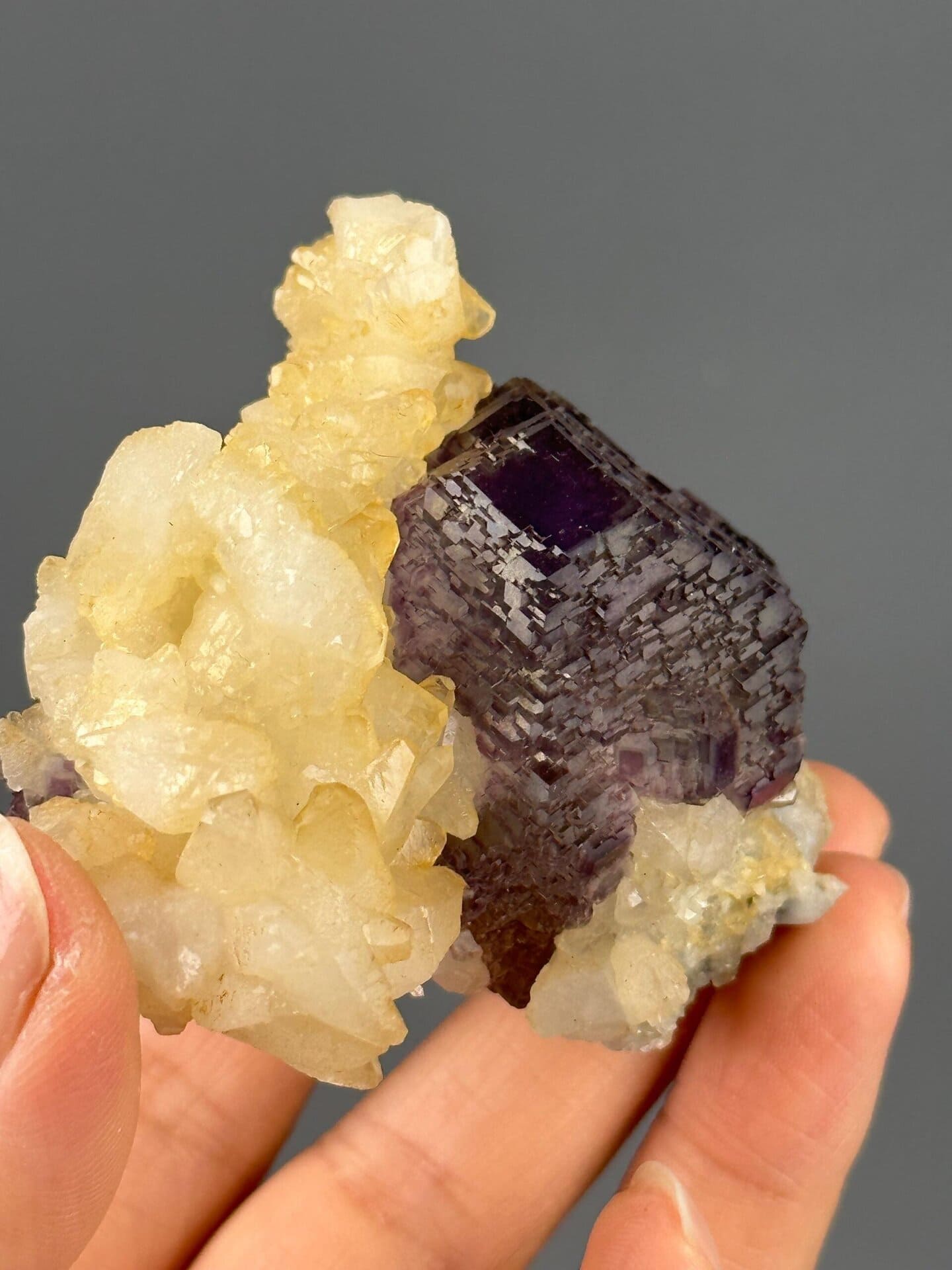 Hunan etched purple fluorite under studio lighting