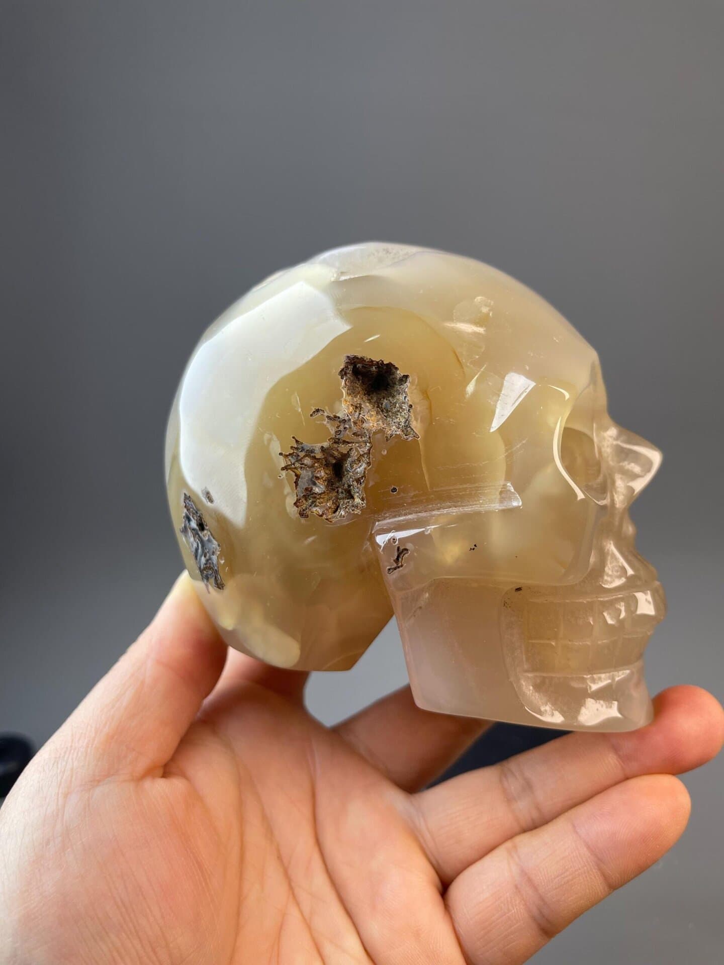 Agate skull with natural flower-like chalcedony patterning