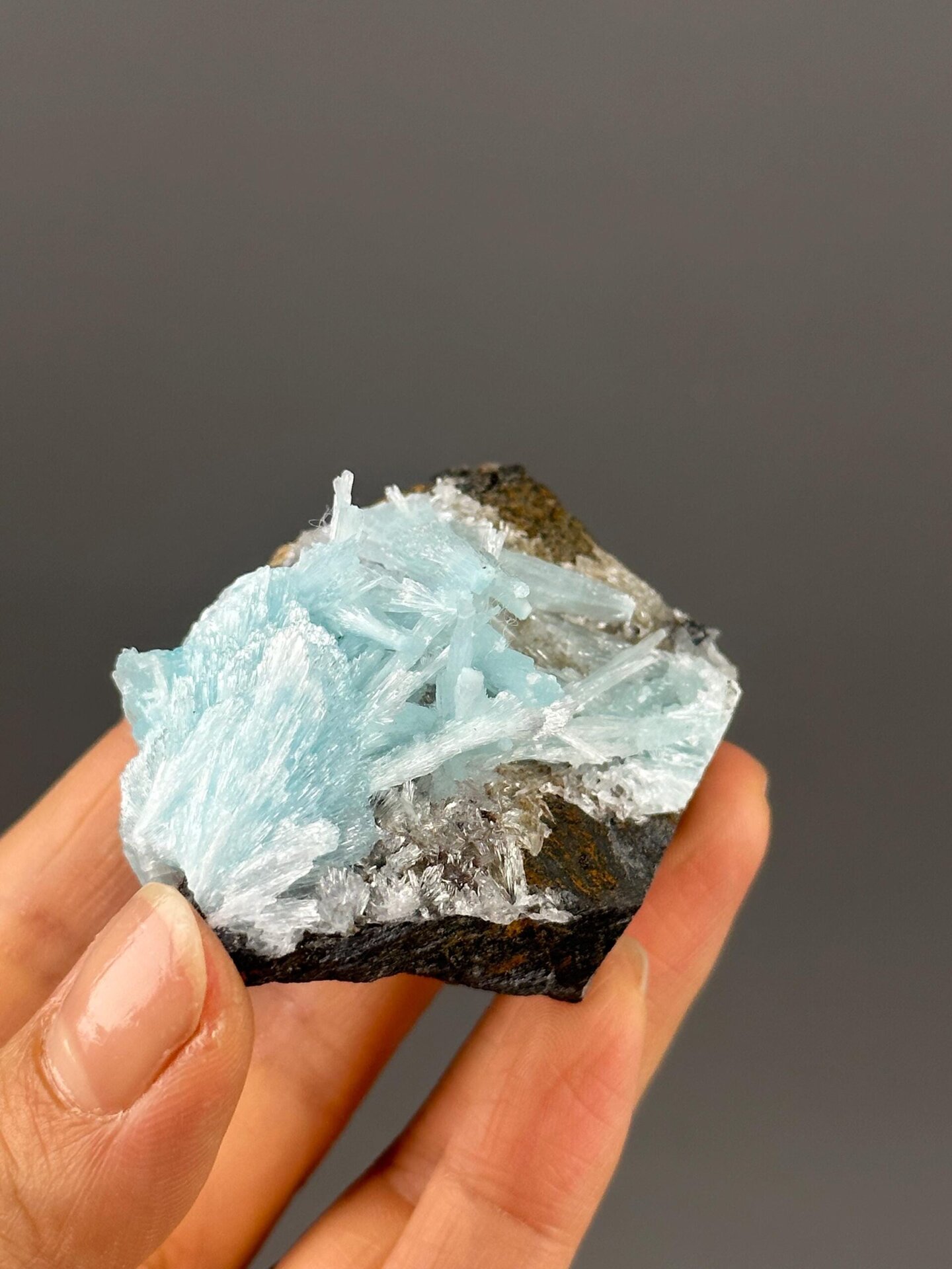 Vivid blue hemimorphite crystal needles close-up