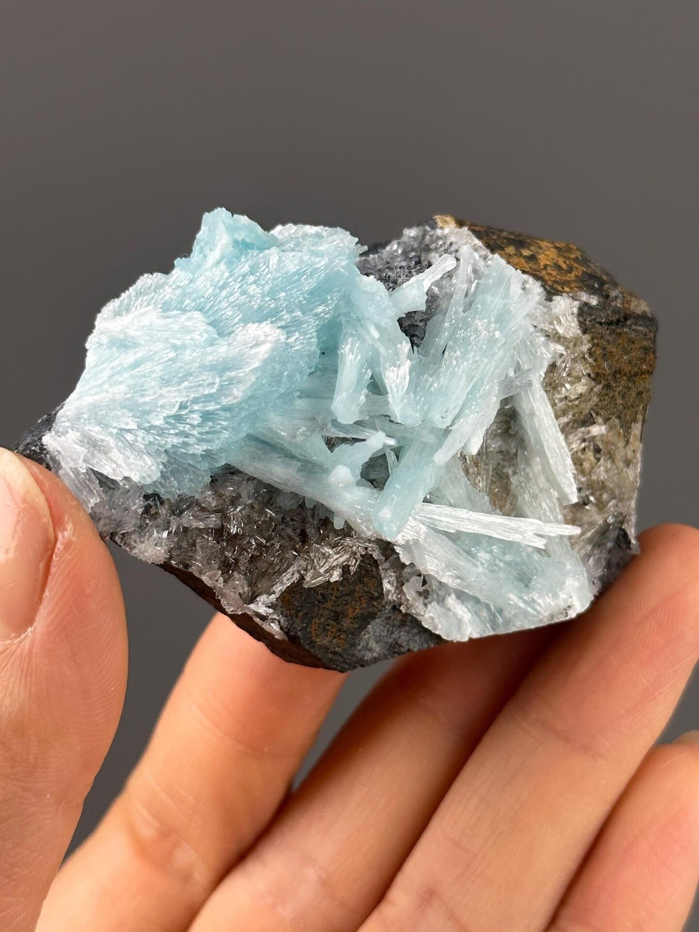 Blue hemimorphite needle crystals Yunnan China front view