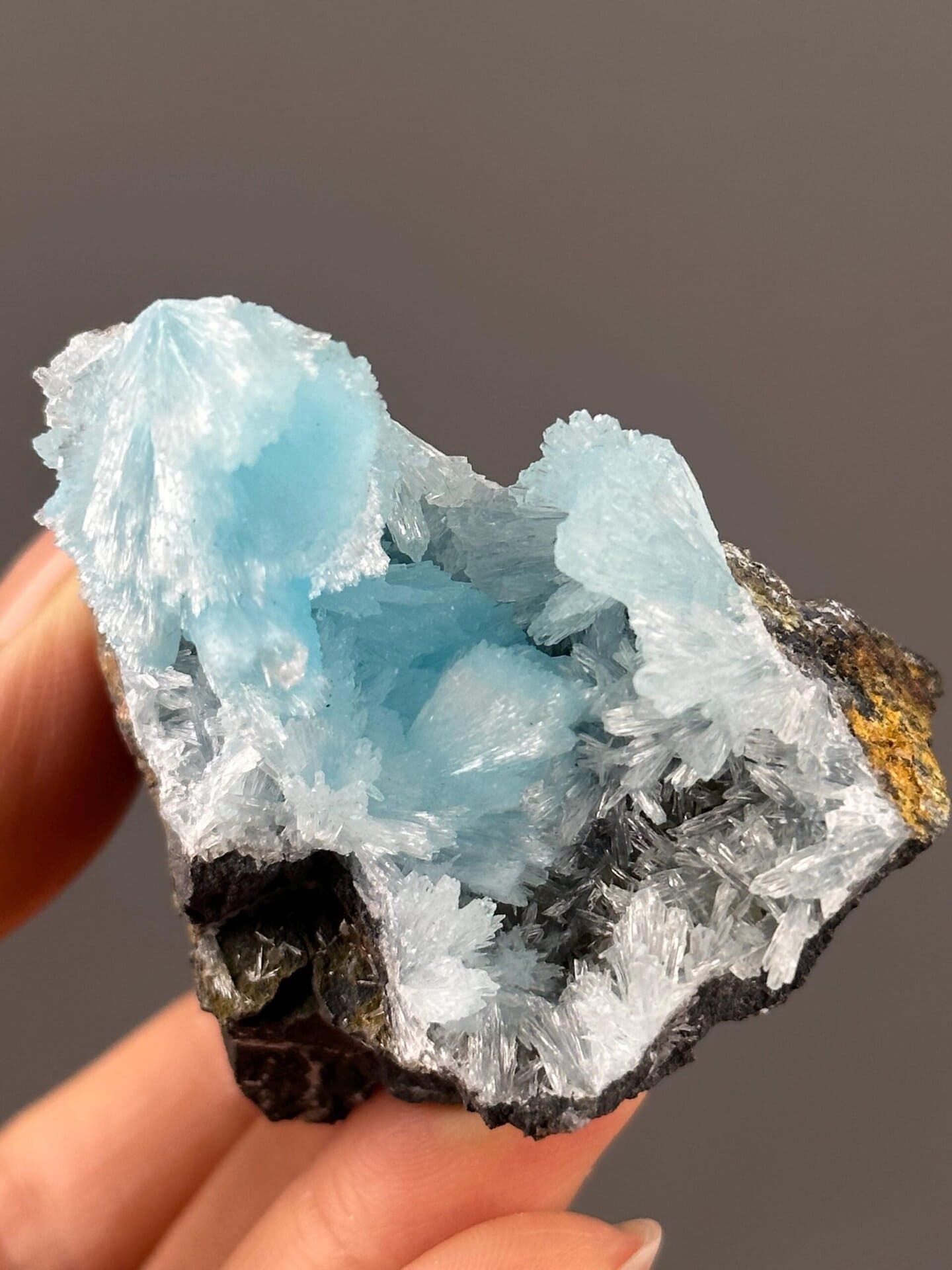 Close-up of electric blue hemimorphite crystal needles