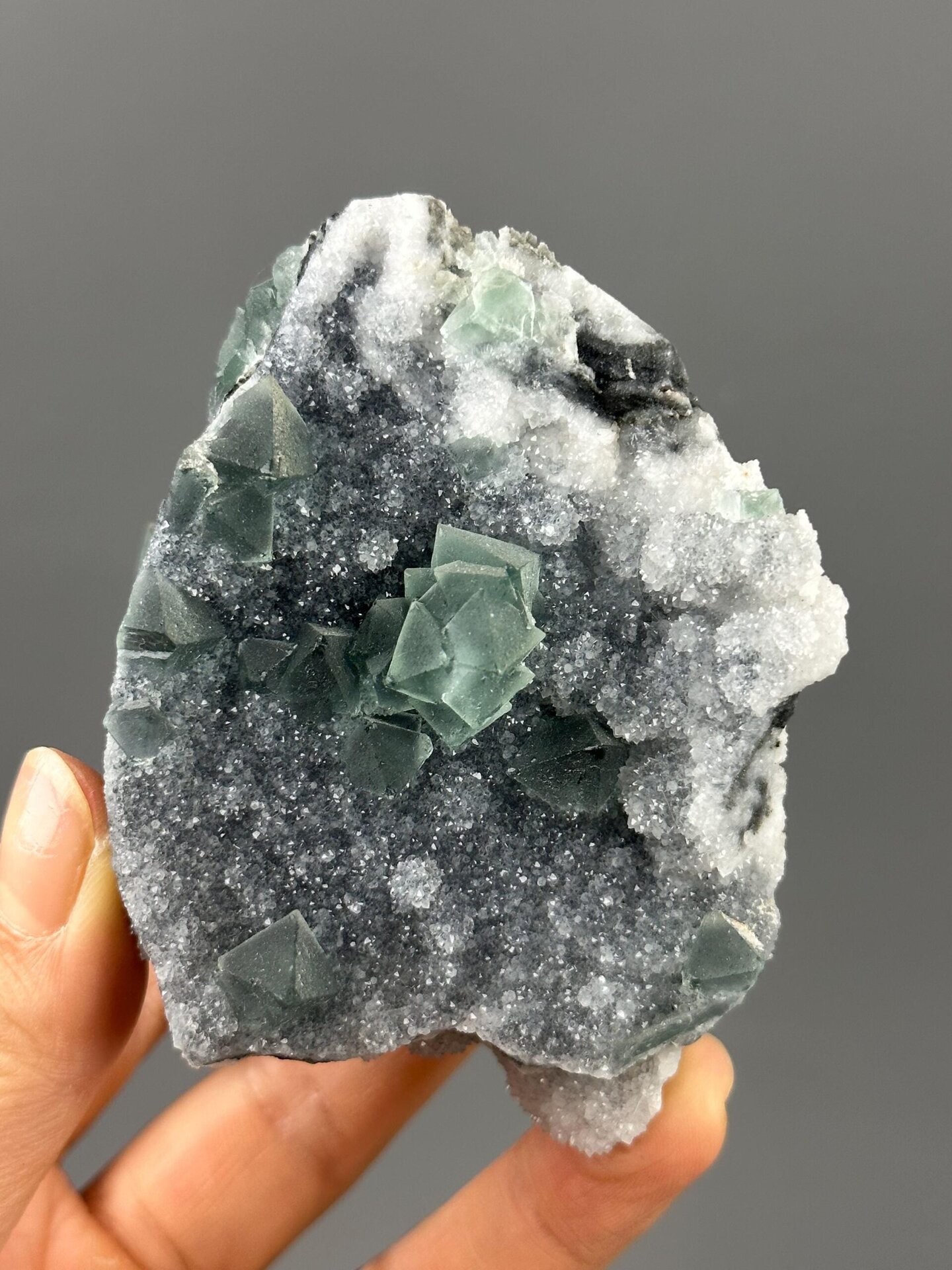 Green fluorite with sugary quartz coating Fujian China front