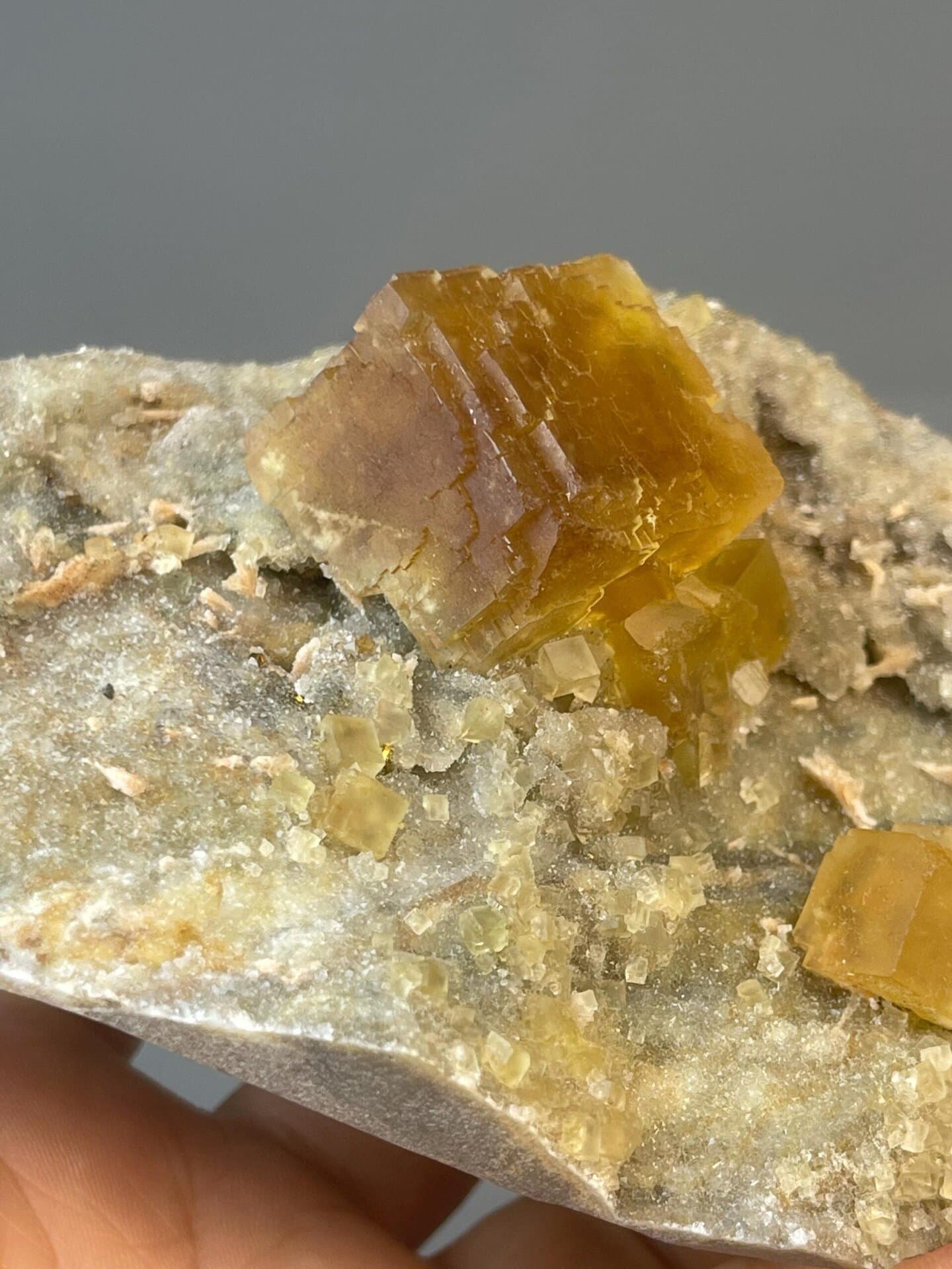 Golden-yellow CaF₂ fluorite with large well-formed cubic crystals