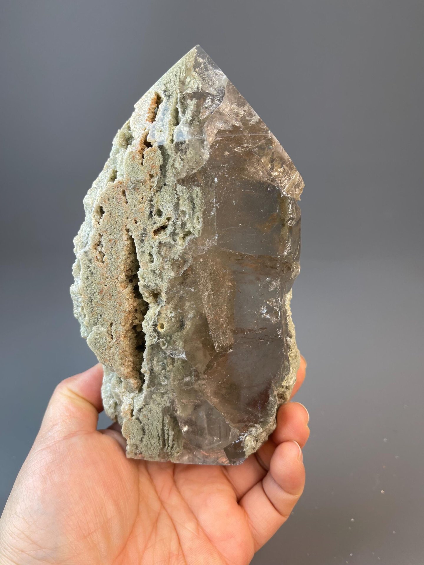 Carved calcite tower measuring 6.0×3.2×1.3 inches
