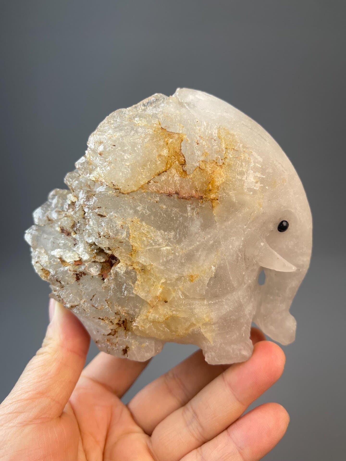 White quartz elephant carving, 28.22 oz, vitreous luster