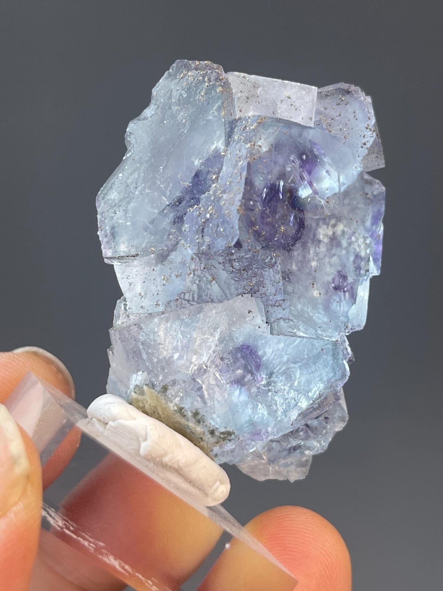 Blue-purple fluorite with visible phantom zones and pyrite crystals