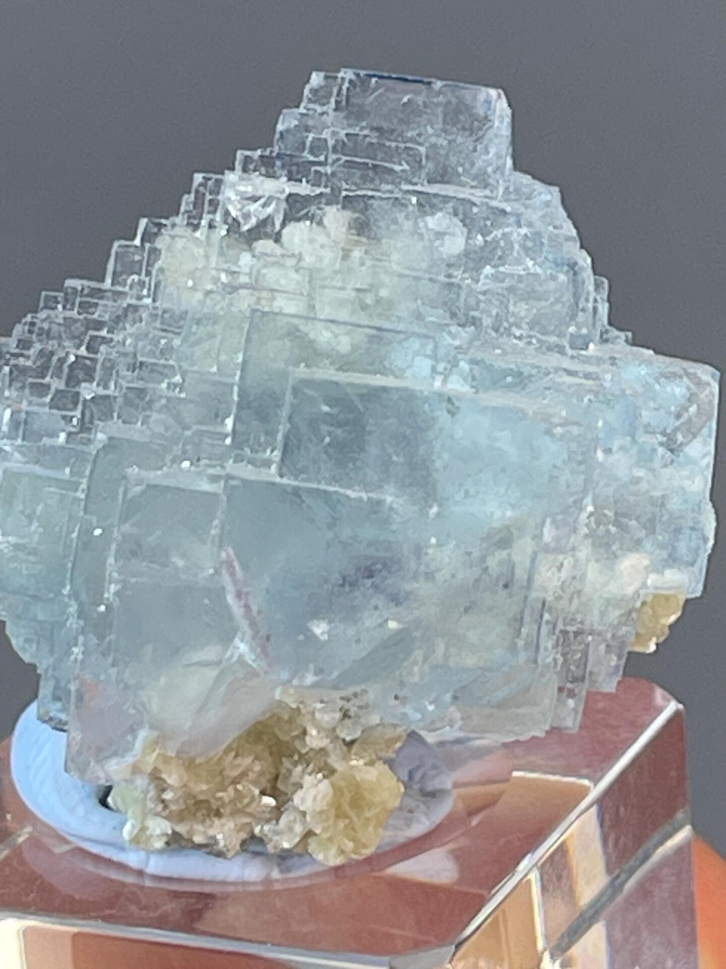 Celestial blue fluorite with staircase stepped crystal faces