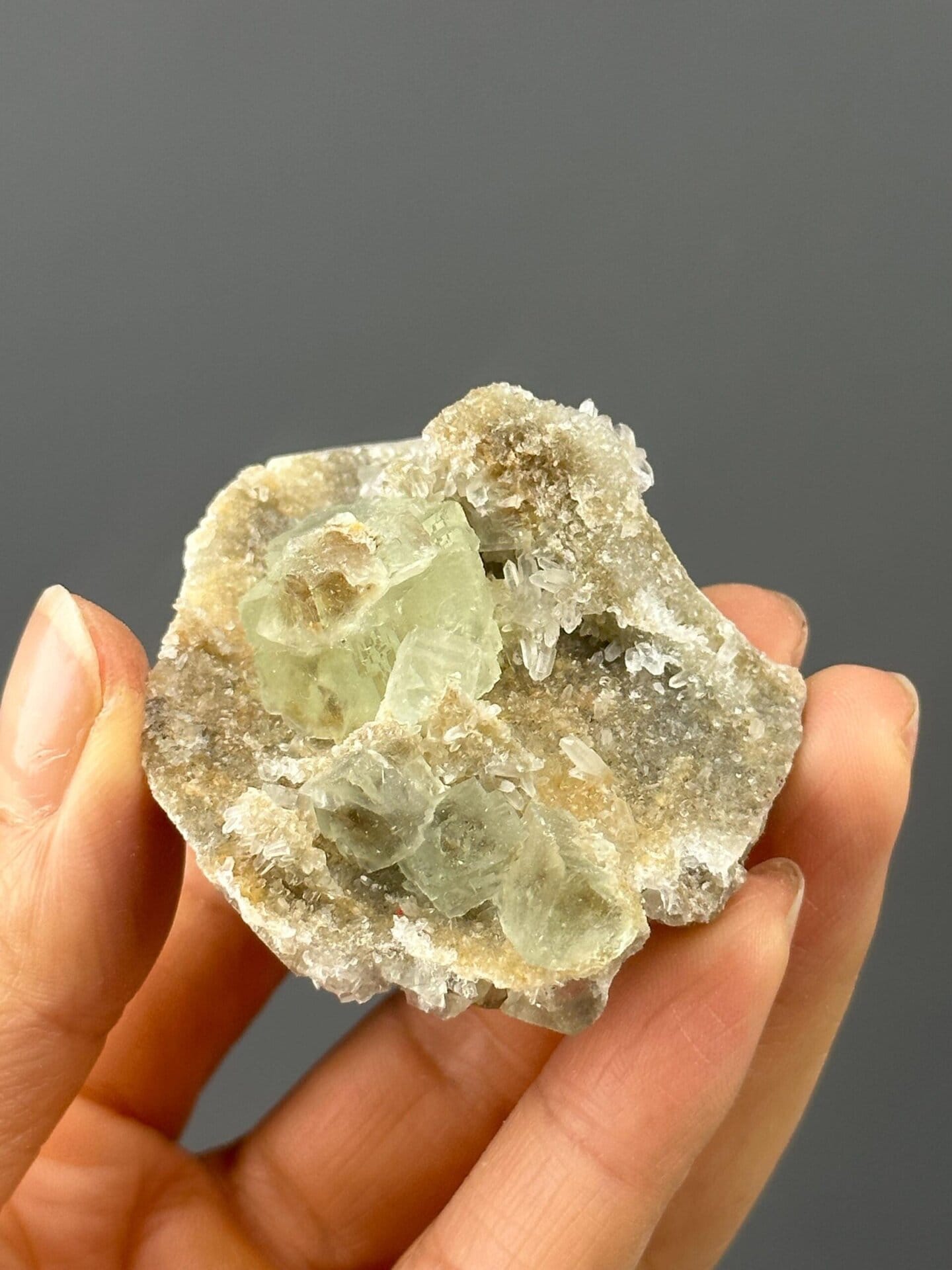 Small green fluorite with quartz on matrix from Xianghualing Mine, Hunan