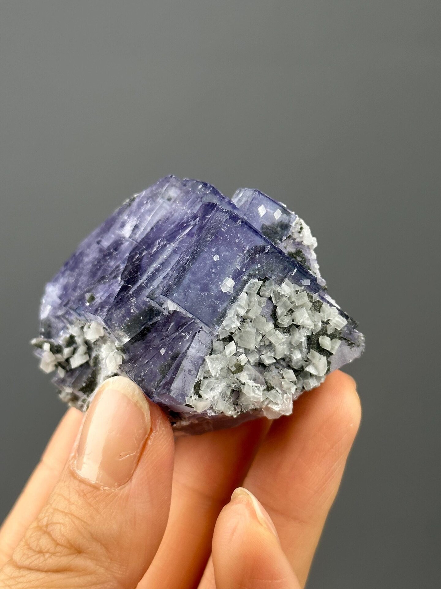 Close-up of purple fluorite twin crystal