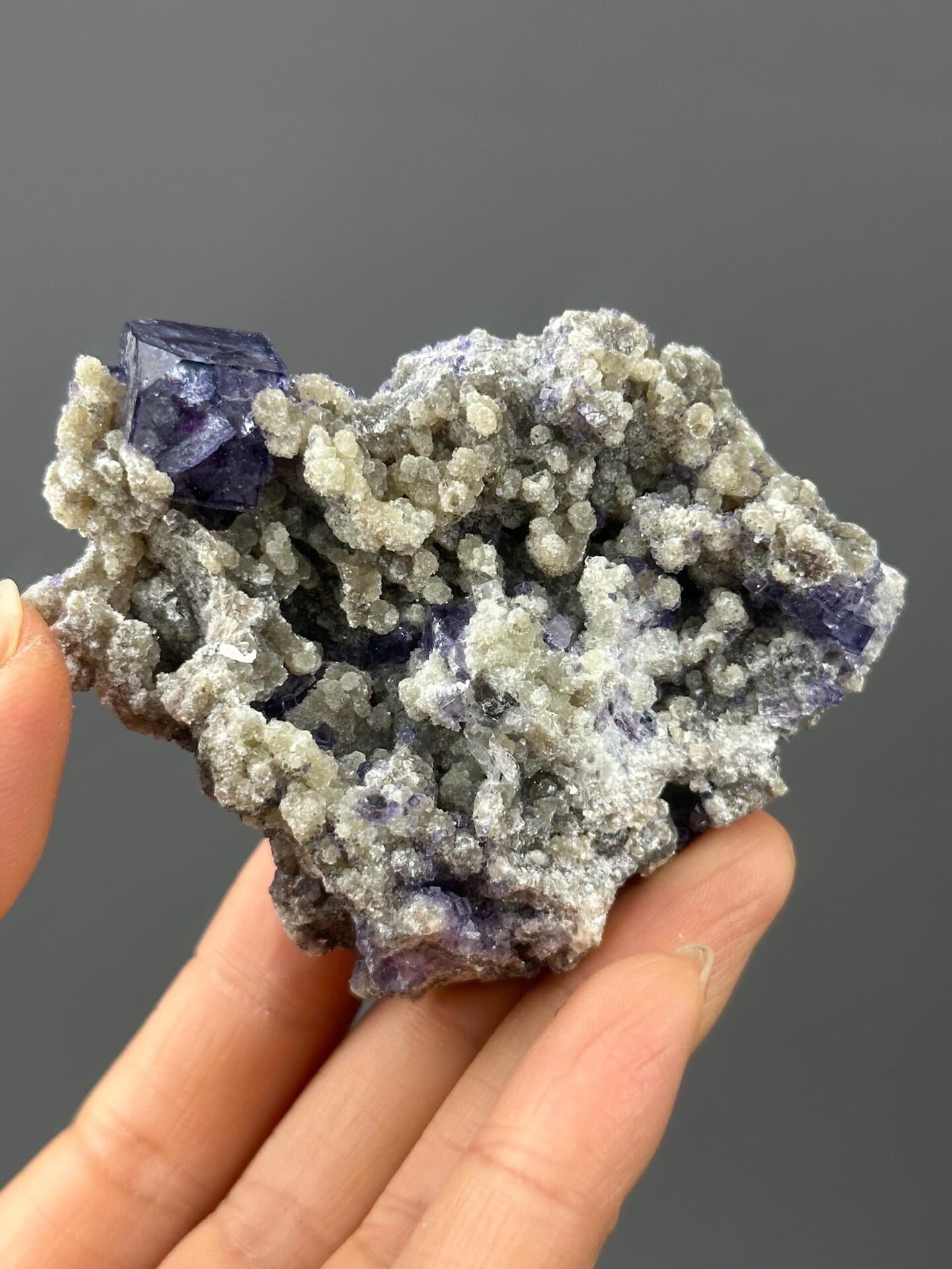 Angled view of large purple phantom fluorite on white matrix