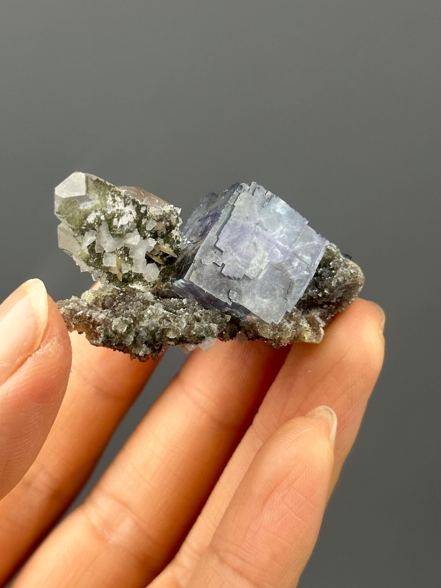 Front view of step-form purple phantom fluorite, 1.9×1.3×1.1 in