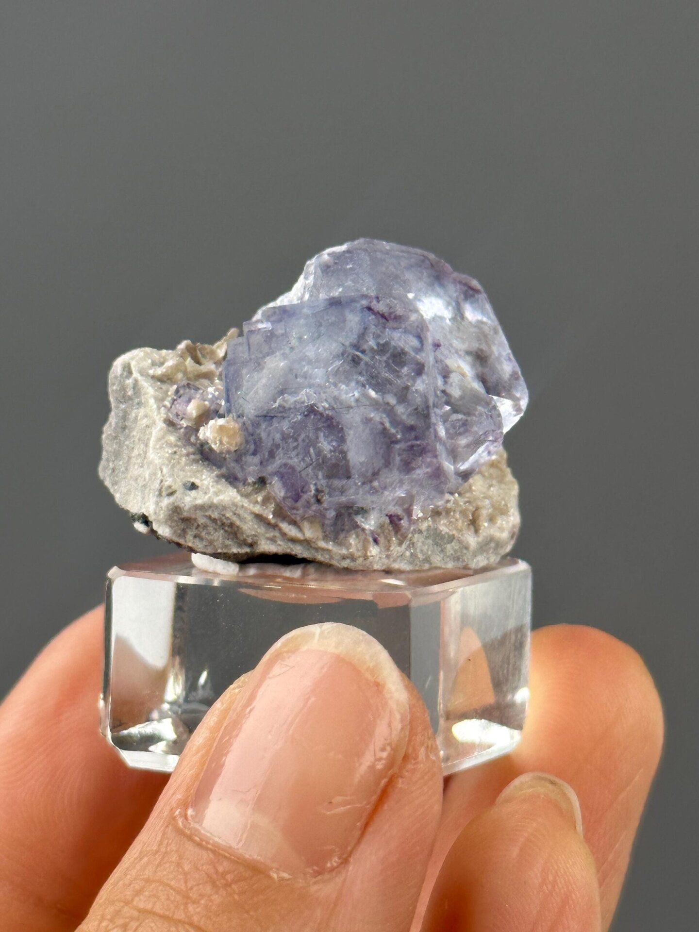 Side view of dissoluted fluorite, 1.3×1.1×0.9 in, China