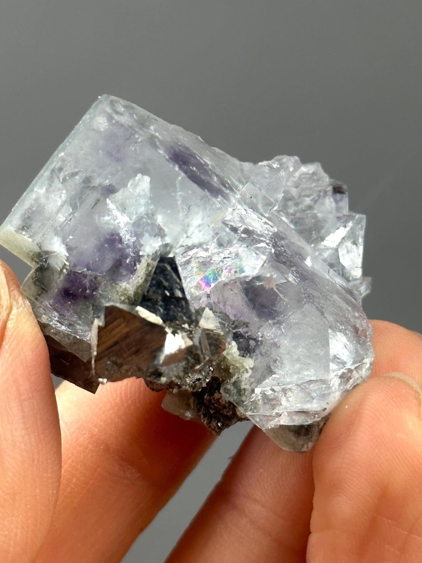 Side view of fluorite-pyrite specimen, 1.5×1.5×1 in, China