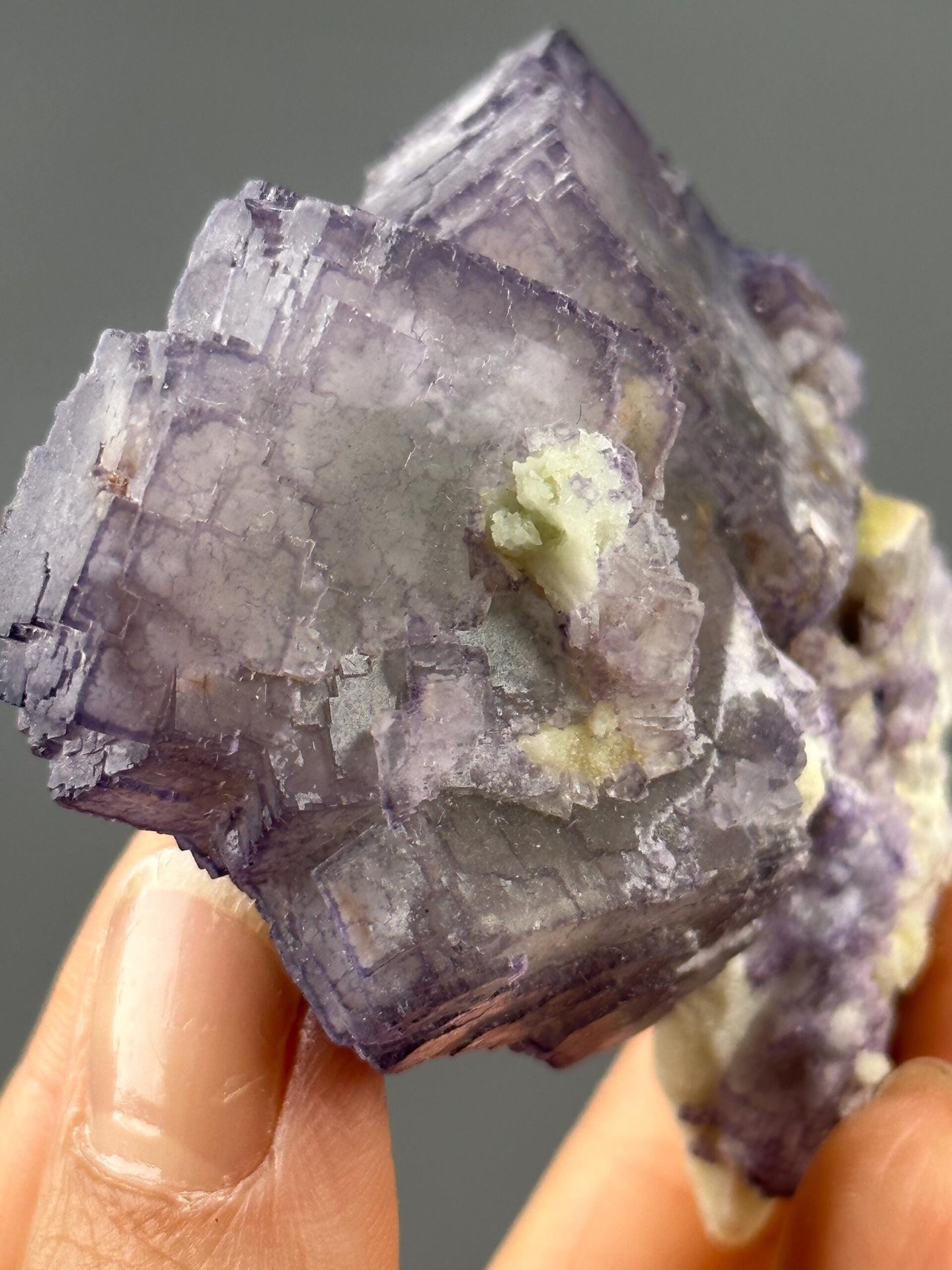 Front view of purple fluorite showing QR-code formation