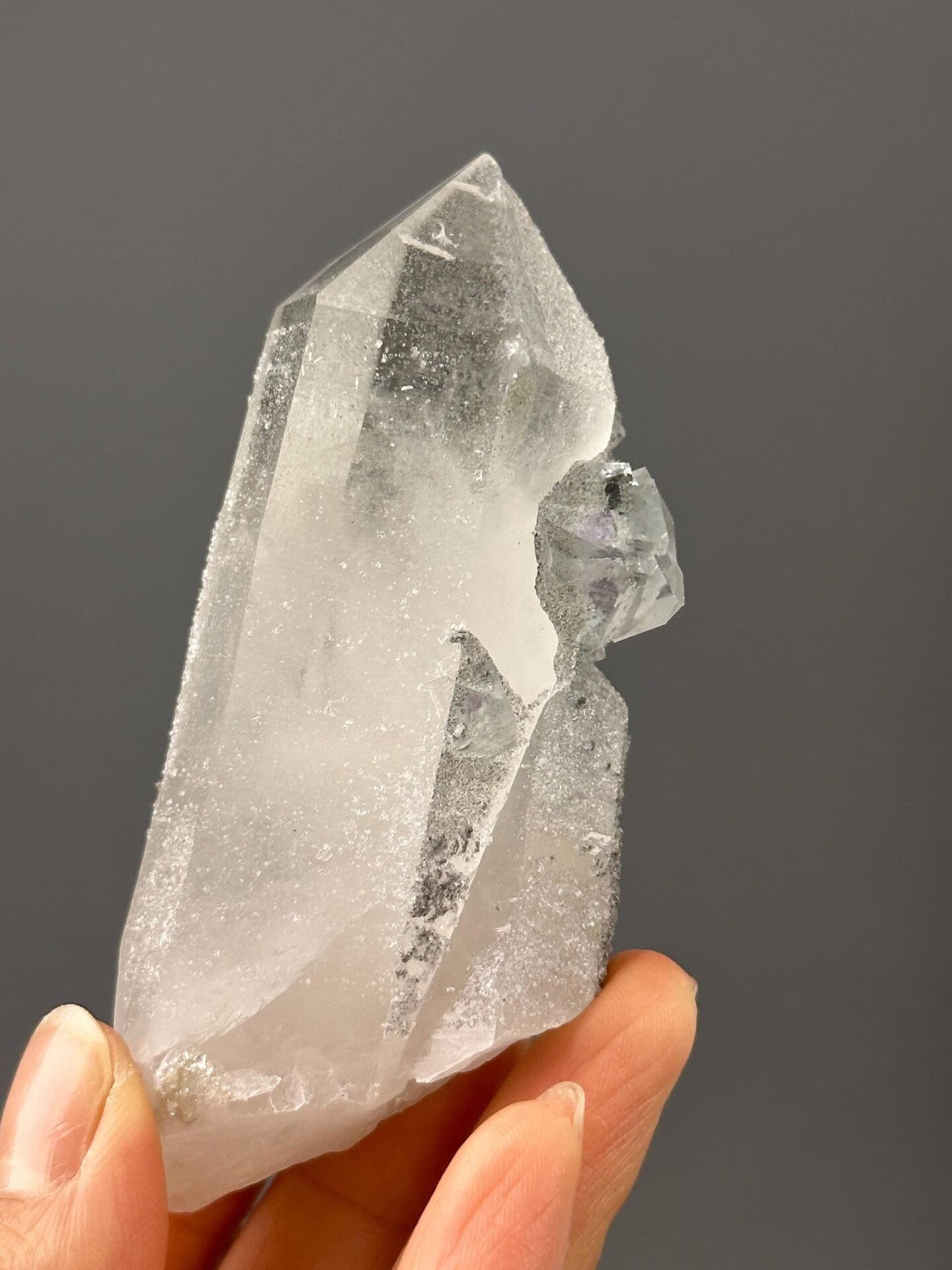 Front view of raw green fluorite cluster, 3.9×1.7×1.2 in