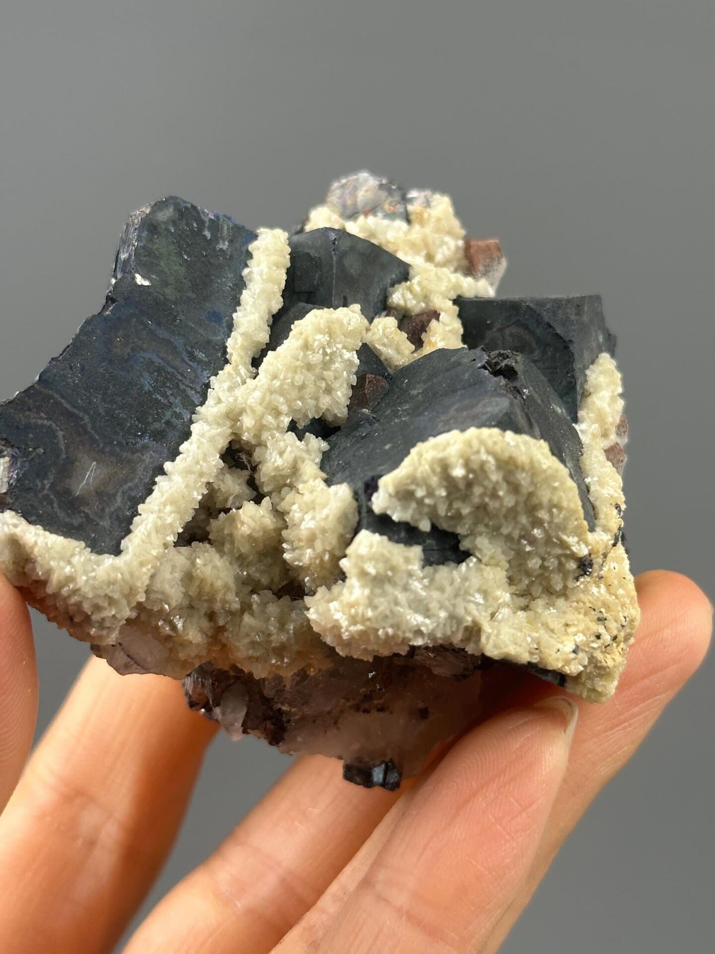 Side view of iron ore-calcite specimen, 2.6×2.6×2.1 in, Hunan