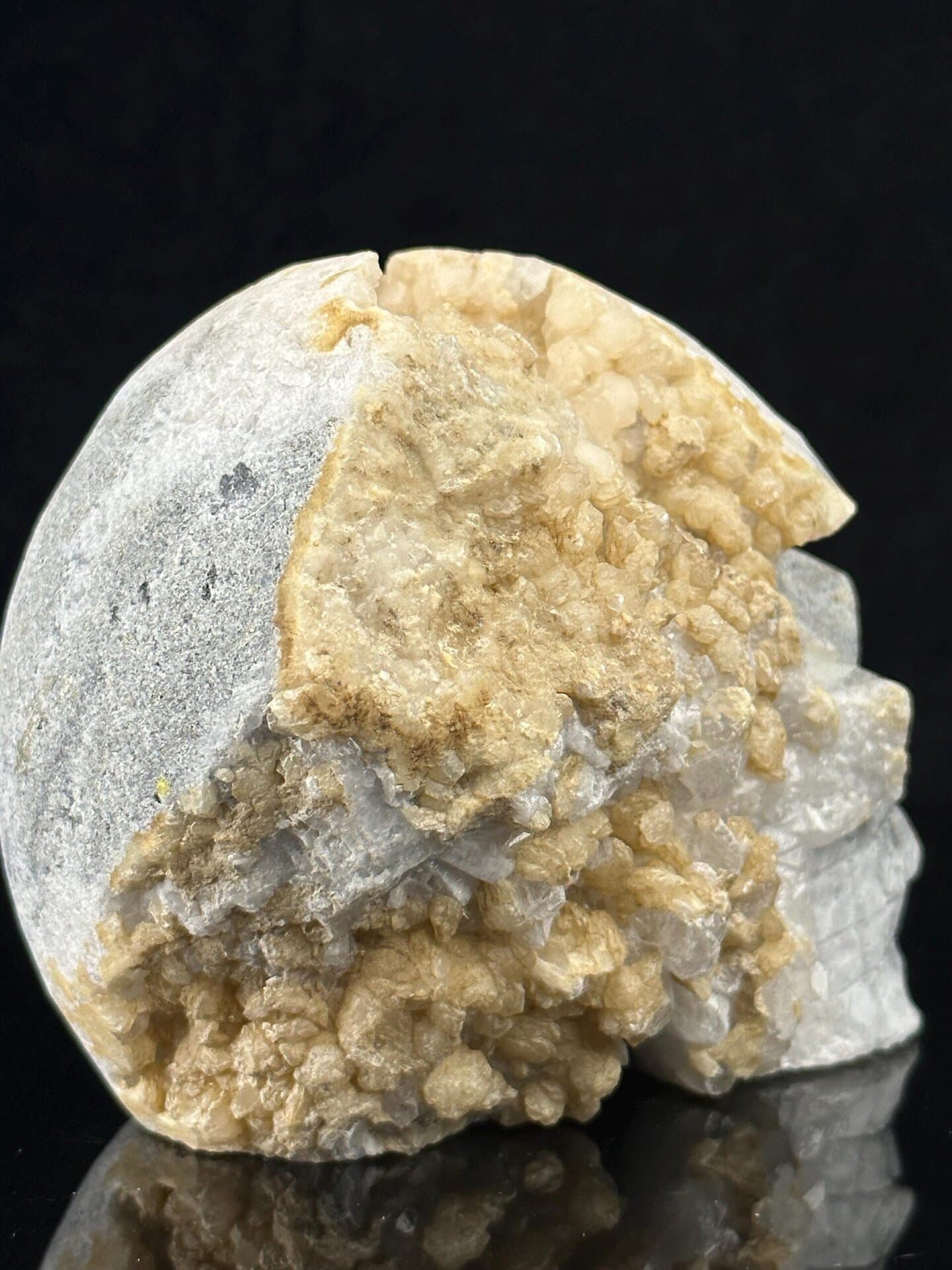 Angled view of extra-large quartz geode skull