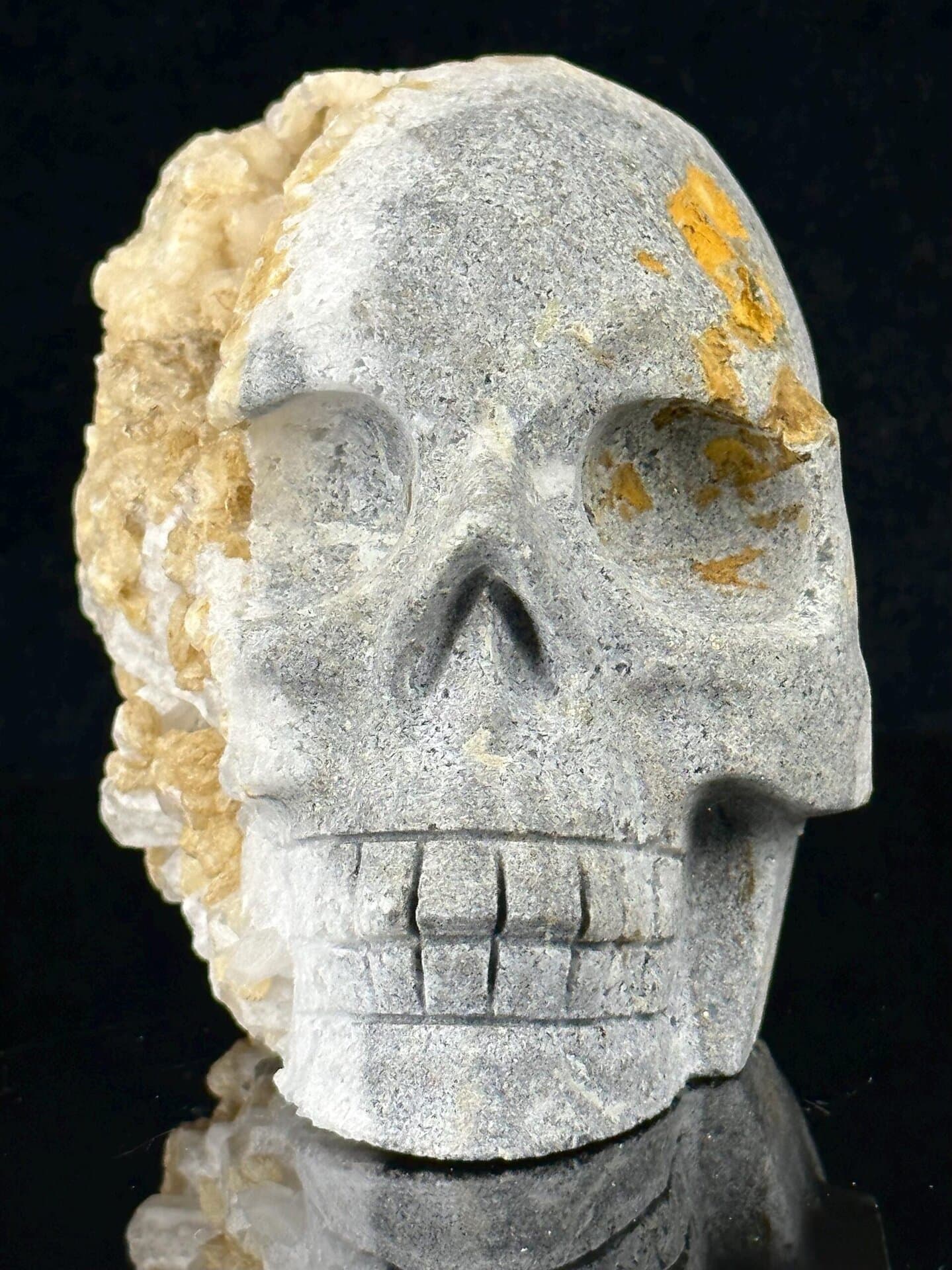 Front view of extra-large quartz skull, 4.7×2.8×3.6 in, 1270 g