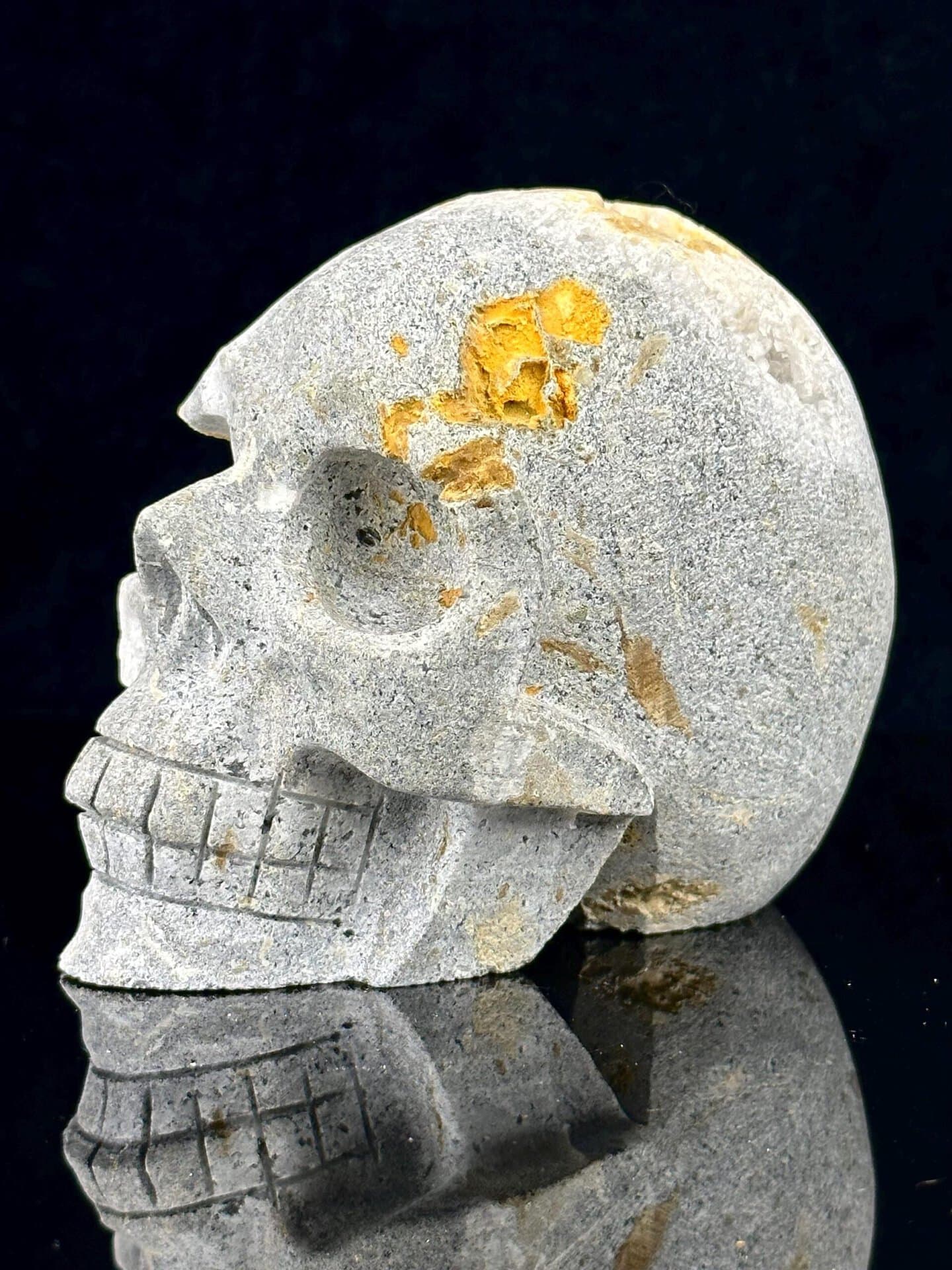 Close-up of druzy crystal interior of extra-large quartz skull
