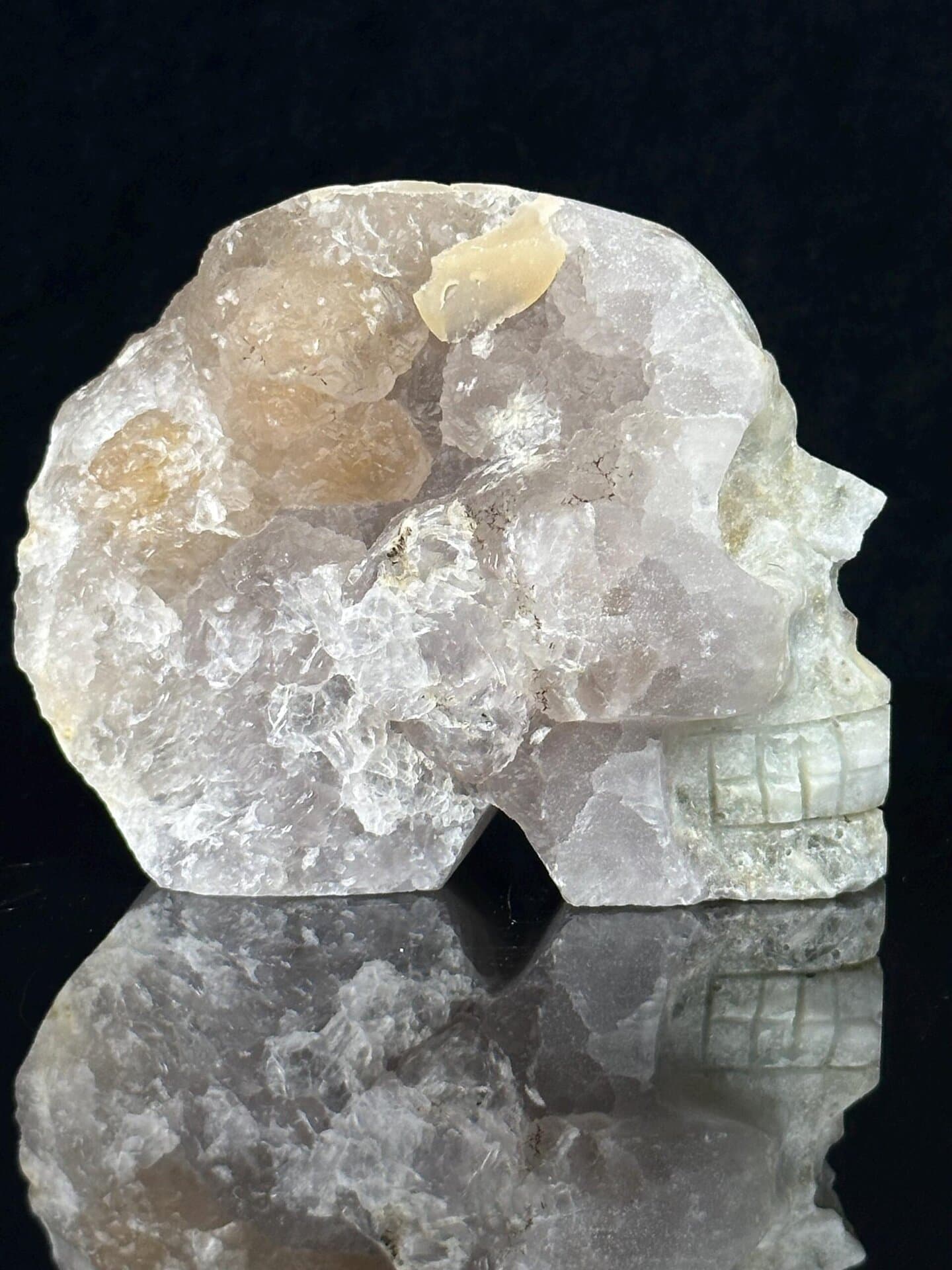 Close-up of druzy crystal interior of large quartz skull