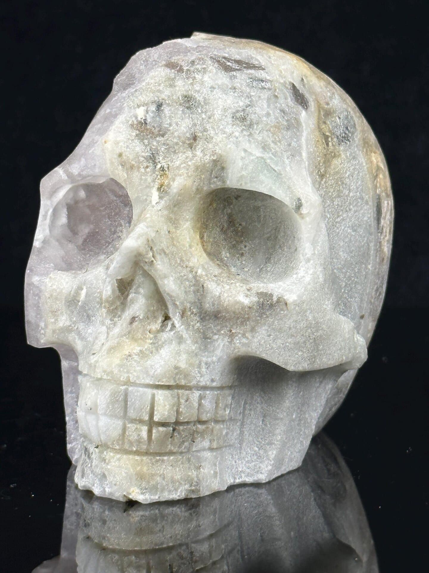 Large natural druzy quartz geode skull, 875 g display specimen