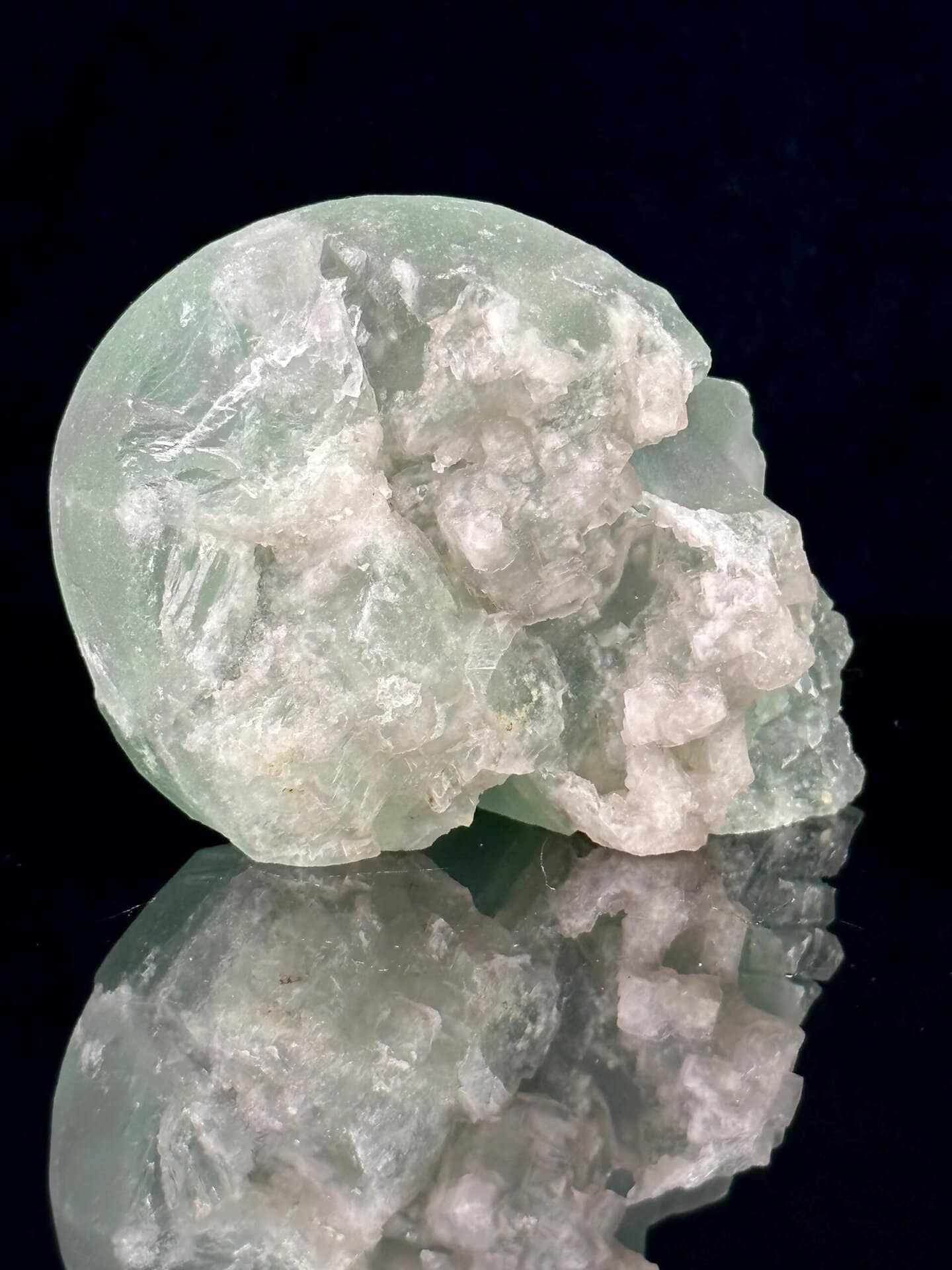 Top view of fluorite skull showing crystal geode interior