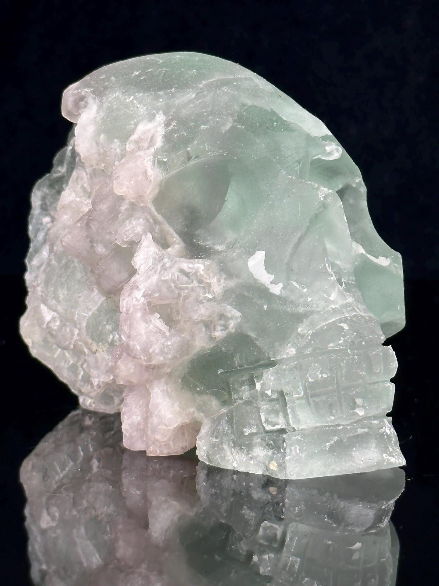 Back view of large hand-carved green fluorite skull