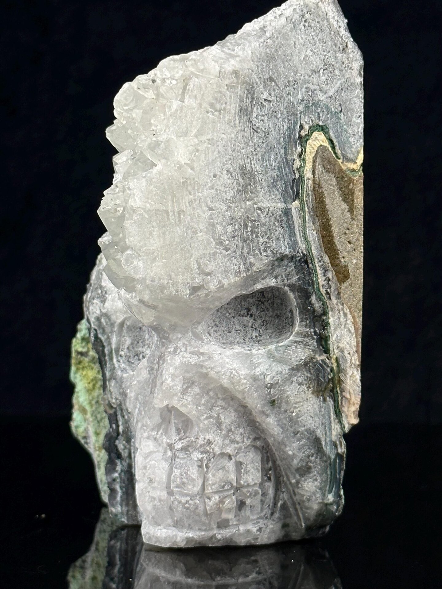 Natural druzy quartz interior view of geode skull