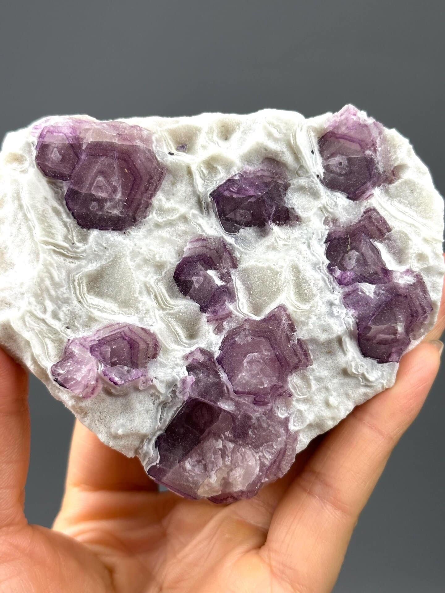 Front view of purple banded fluorite showing distinctive shape