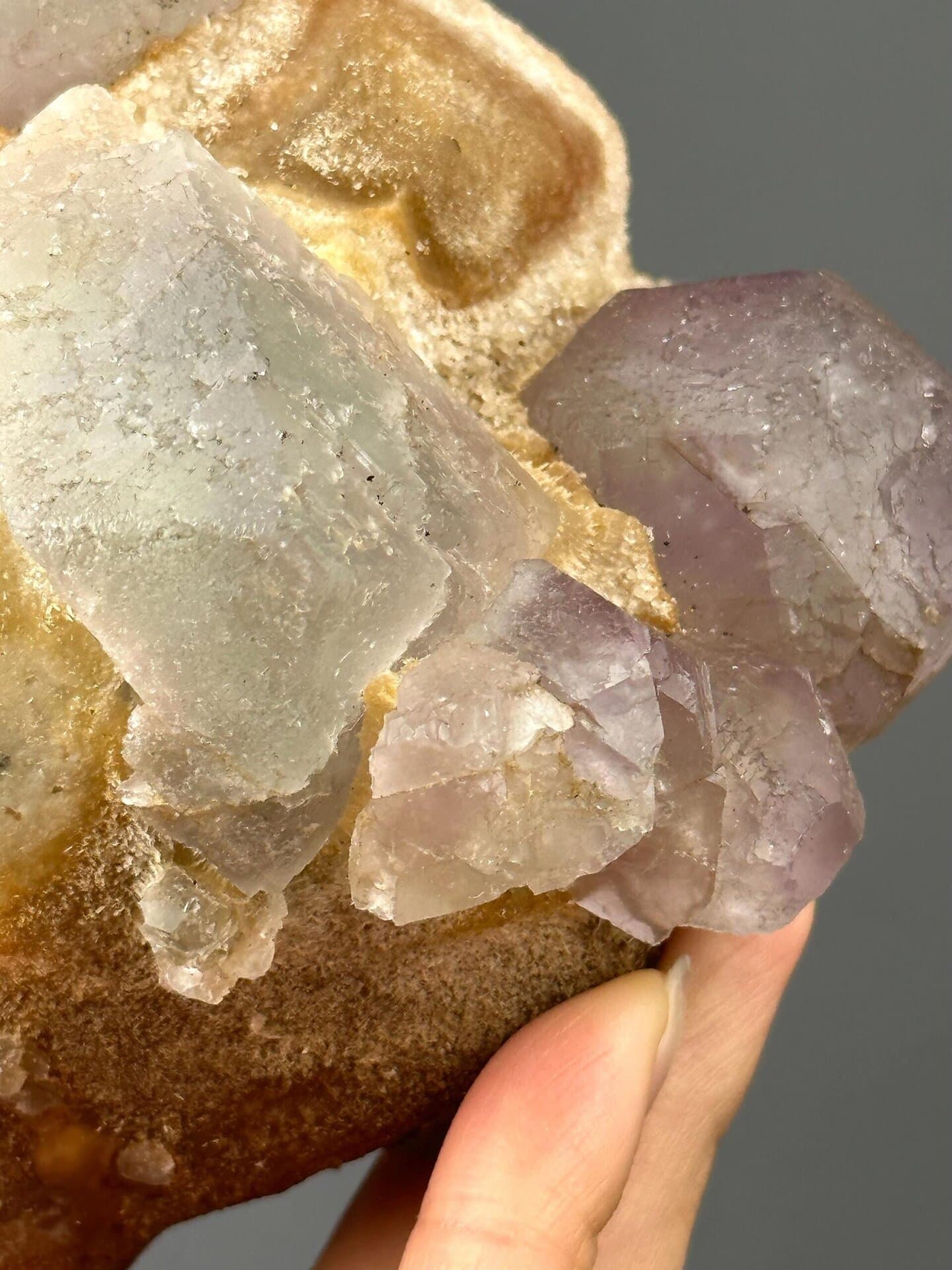 Side view of phantom fluorite cluster, 4.1×3.6×3 in