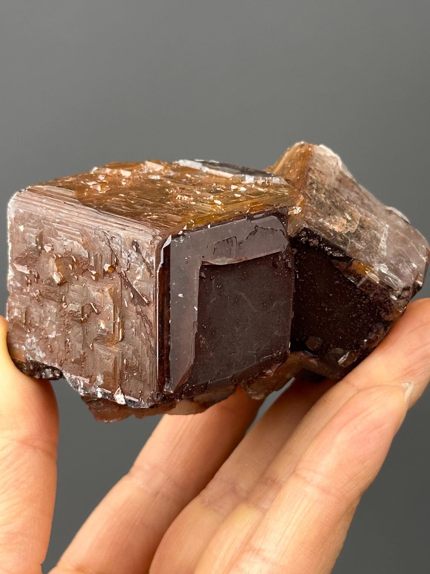 Back view of chocolate calcite twin crystal, Hunan