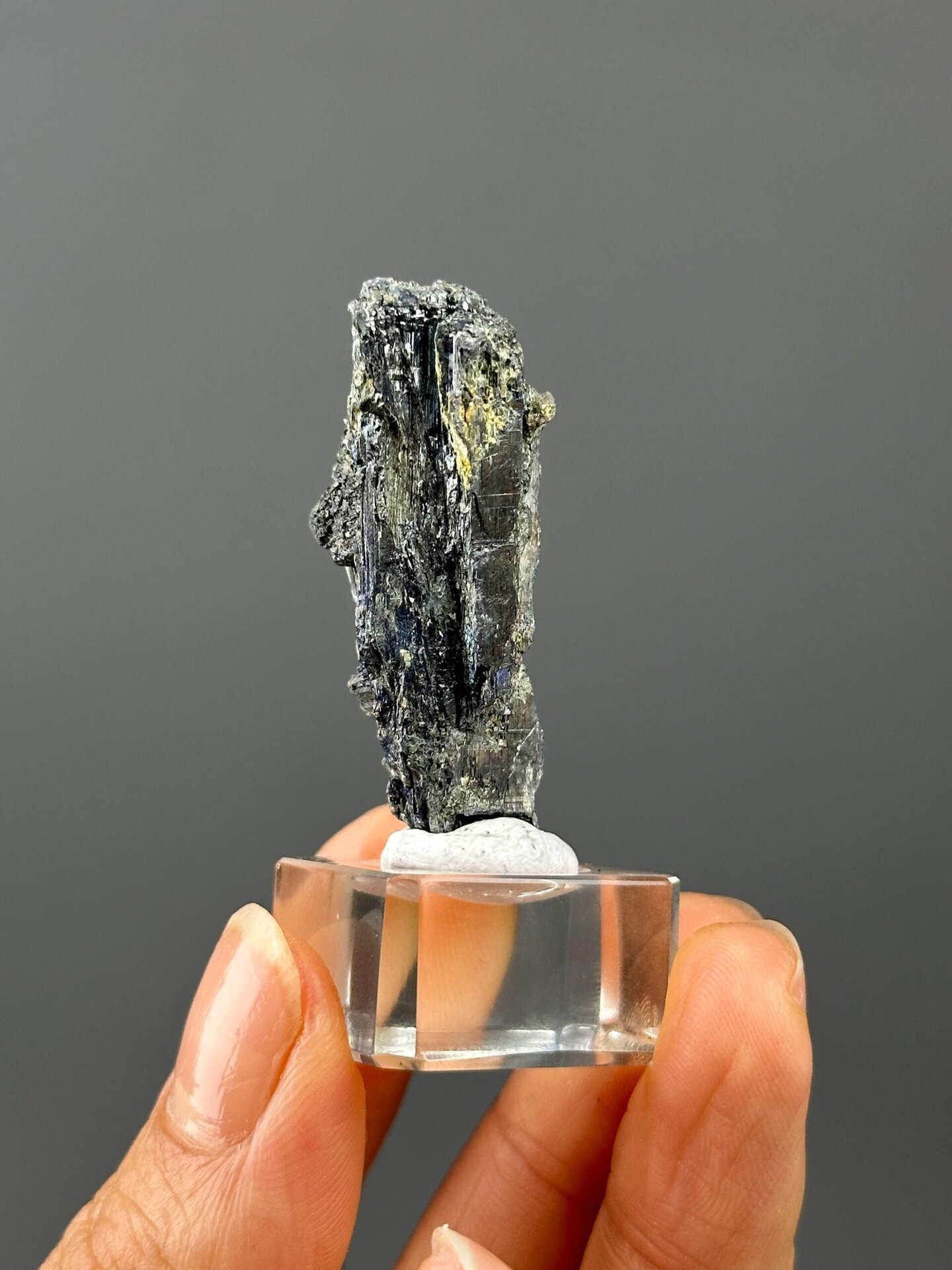 Top view of stibnite crystal showing reflective properties