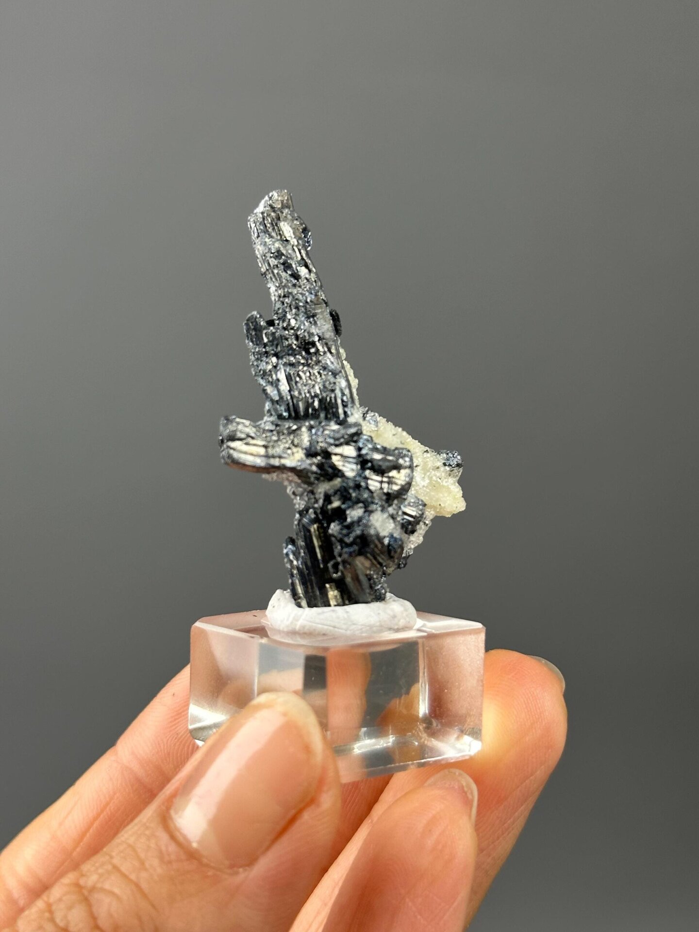 Close-up of stibnite crystals against white barite matrix