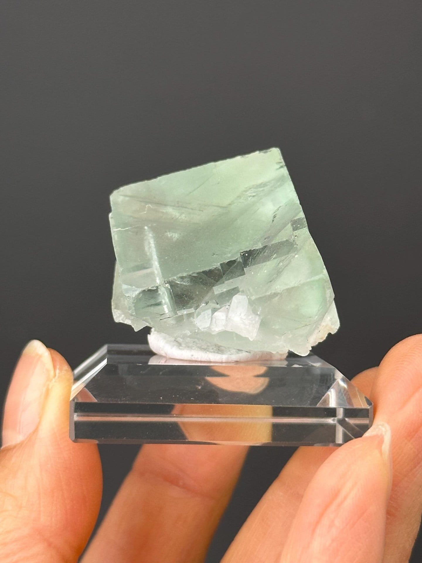 Front view of gemmy green fluorite cluster, 1.5×1.4×1.1 in