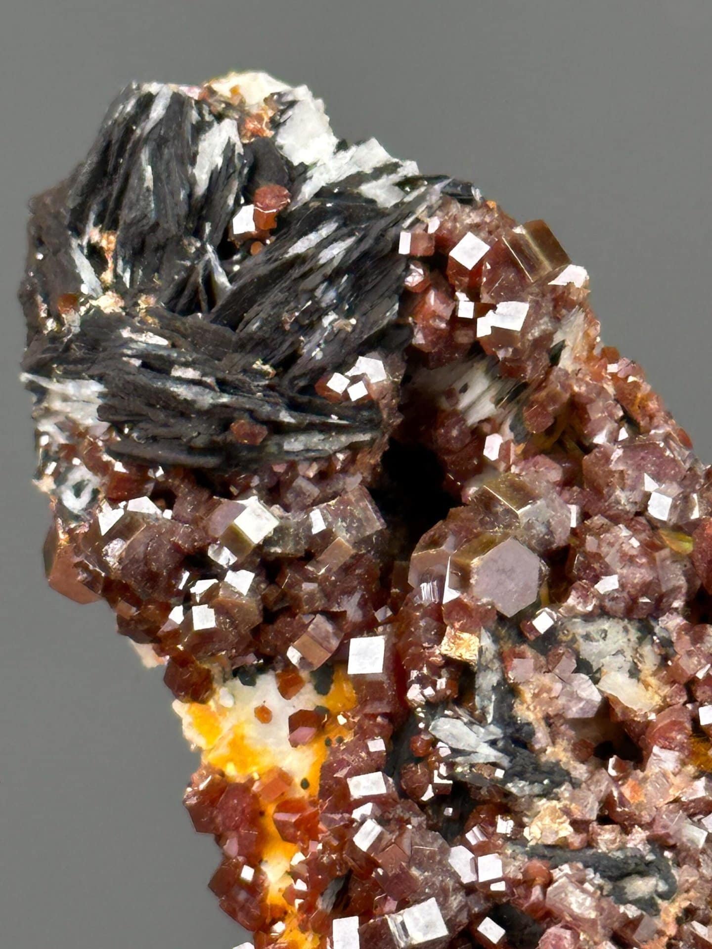 Red hexagonal vanadinite crystal cluster, Morocco collector specimen