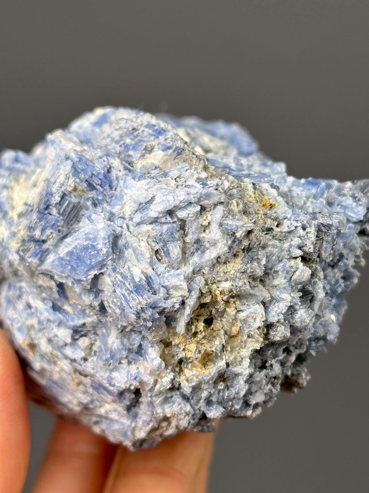 Angled view of blue kyanite fibrous crystal cluster