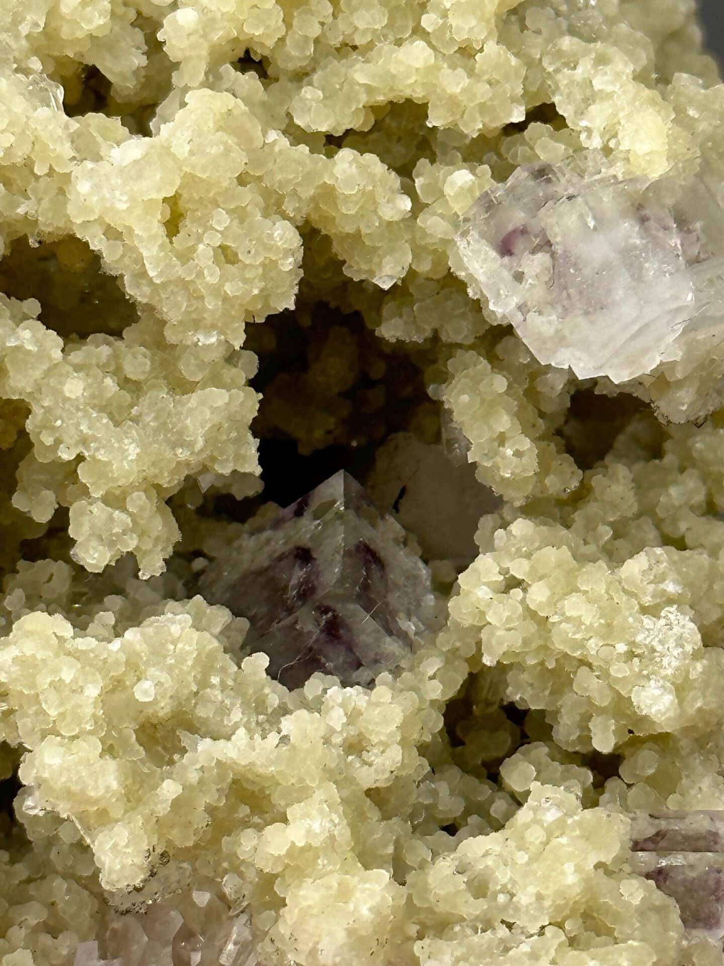 Detail of fluorite crystal surface on quartz-dolomite matrix