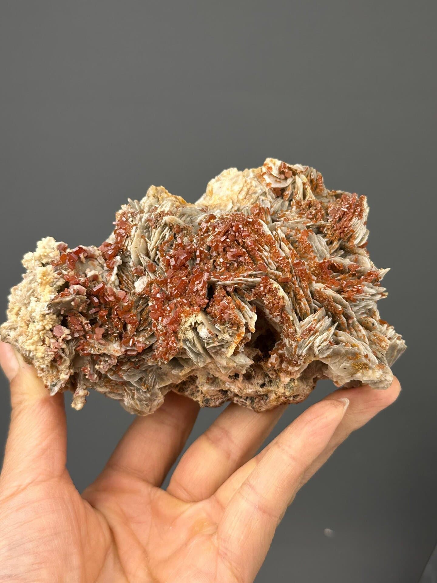Front view of vanadinite cluster showing hexagonal crystal form