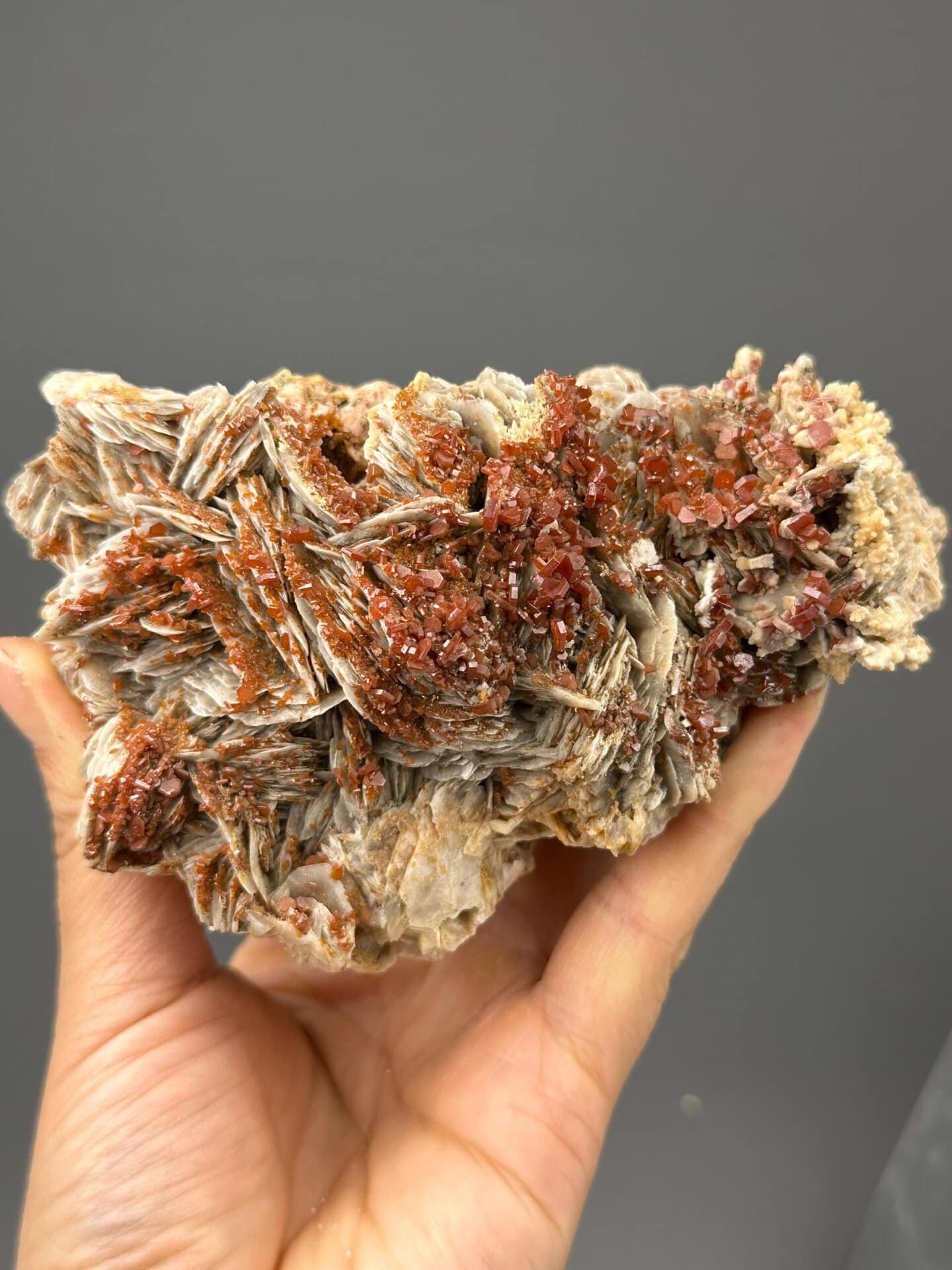 Deep red hexagonal vanadinite crystals on layered barite matrix, Morocco