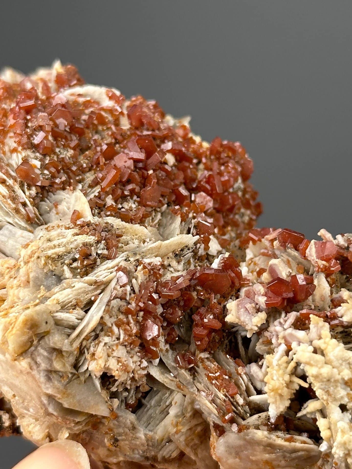 Red hexagonal vanadinite on barite, Morocco collector specimen