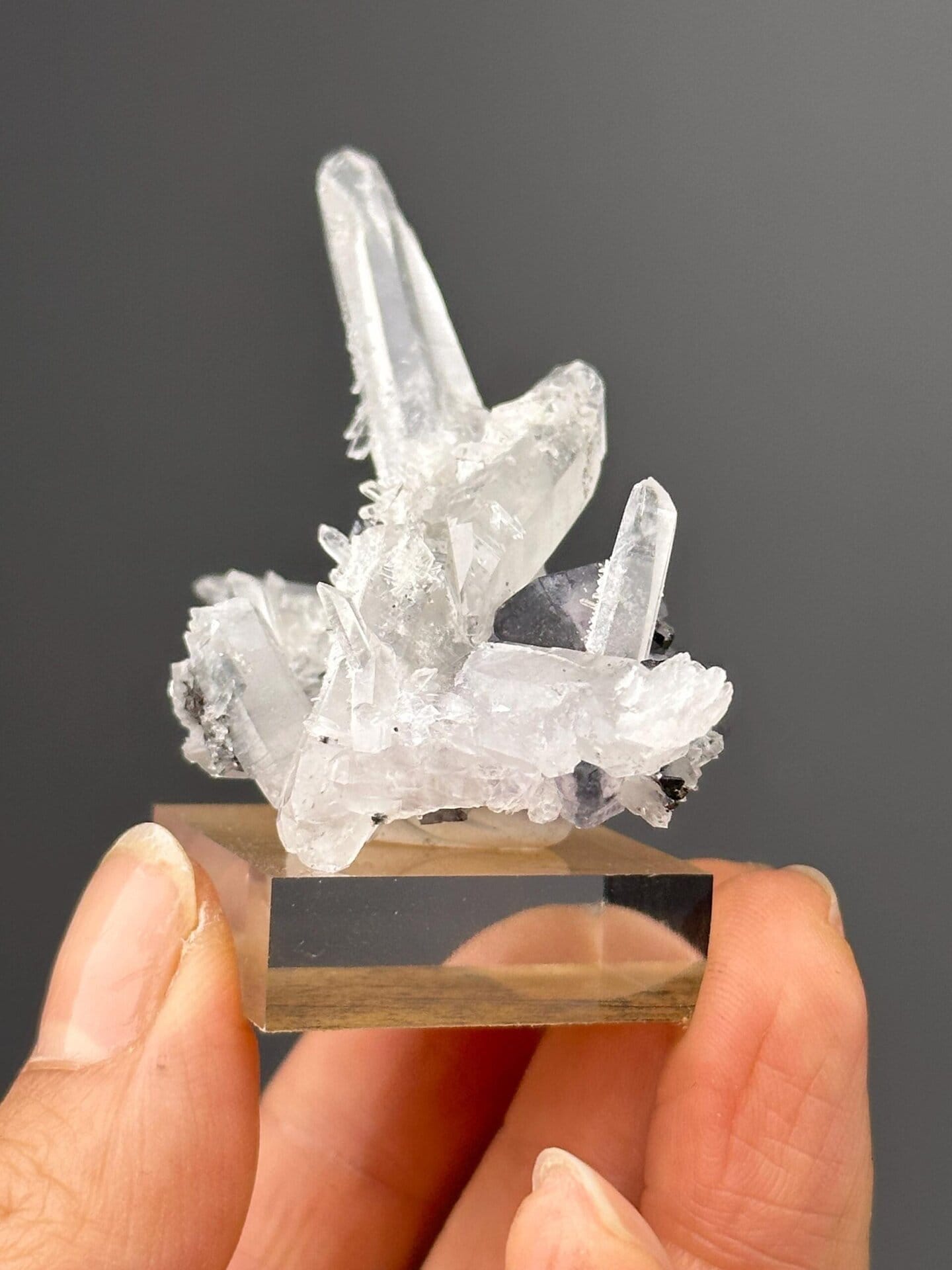 Angled view showing cassiterite crystals with purple fluorite accent