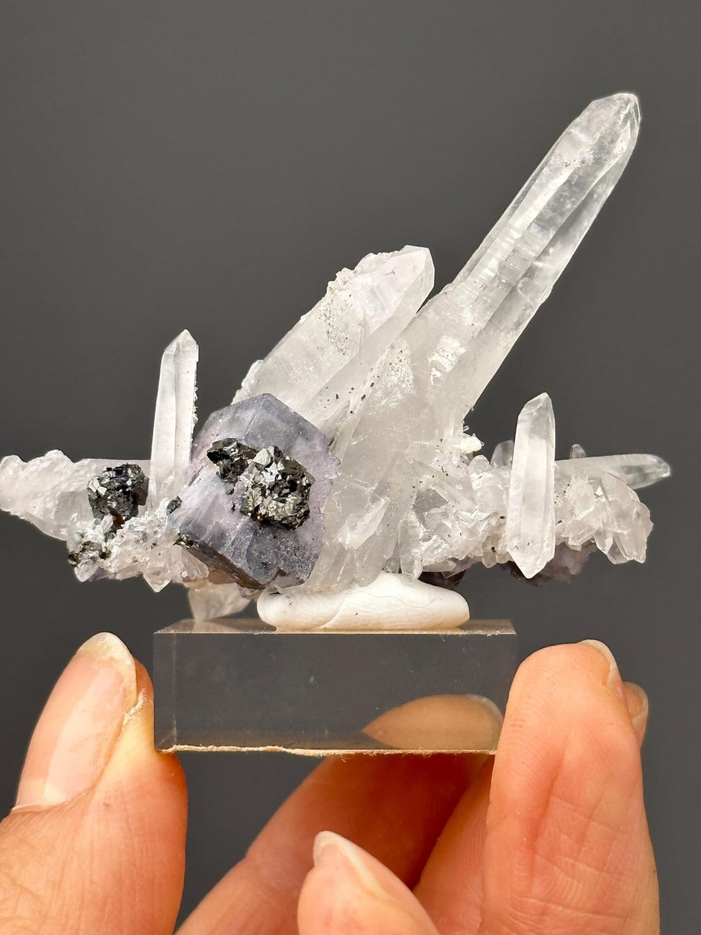 Cassiterite and quartz cluster with purple fluorite, Yaogangxian Mine, Hunan