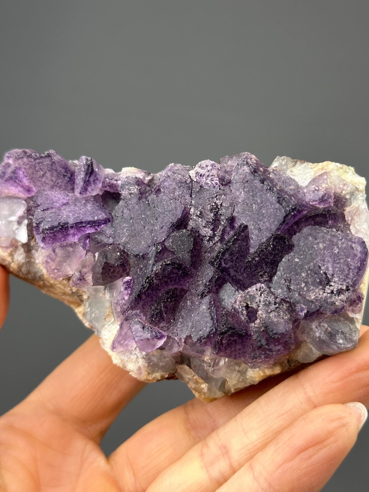 Front view of purple fluorite showing natural QR-code pattern