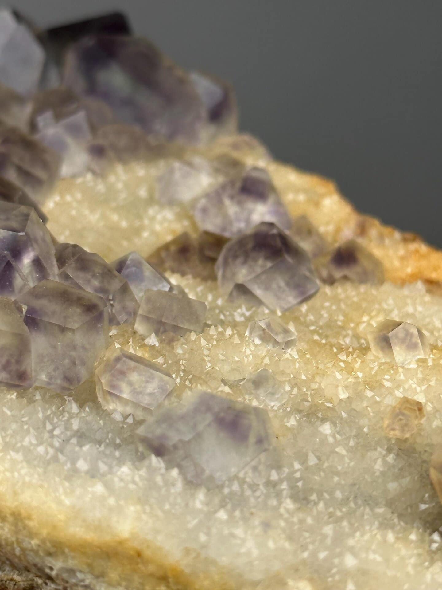 Close-up of intense purple coloration on fluorite slab
