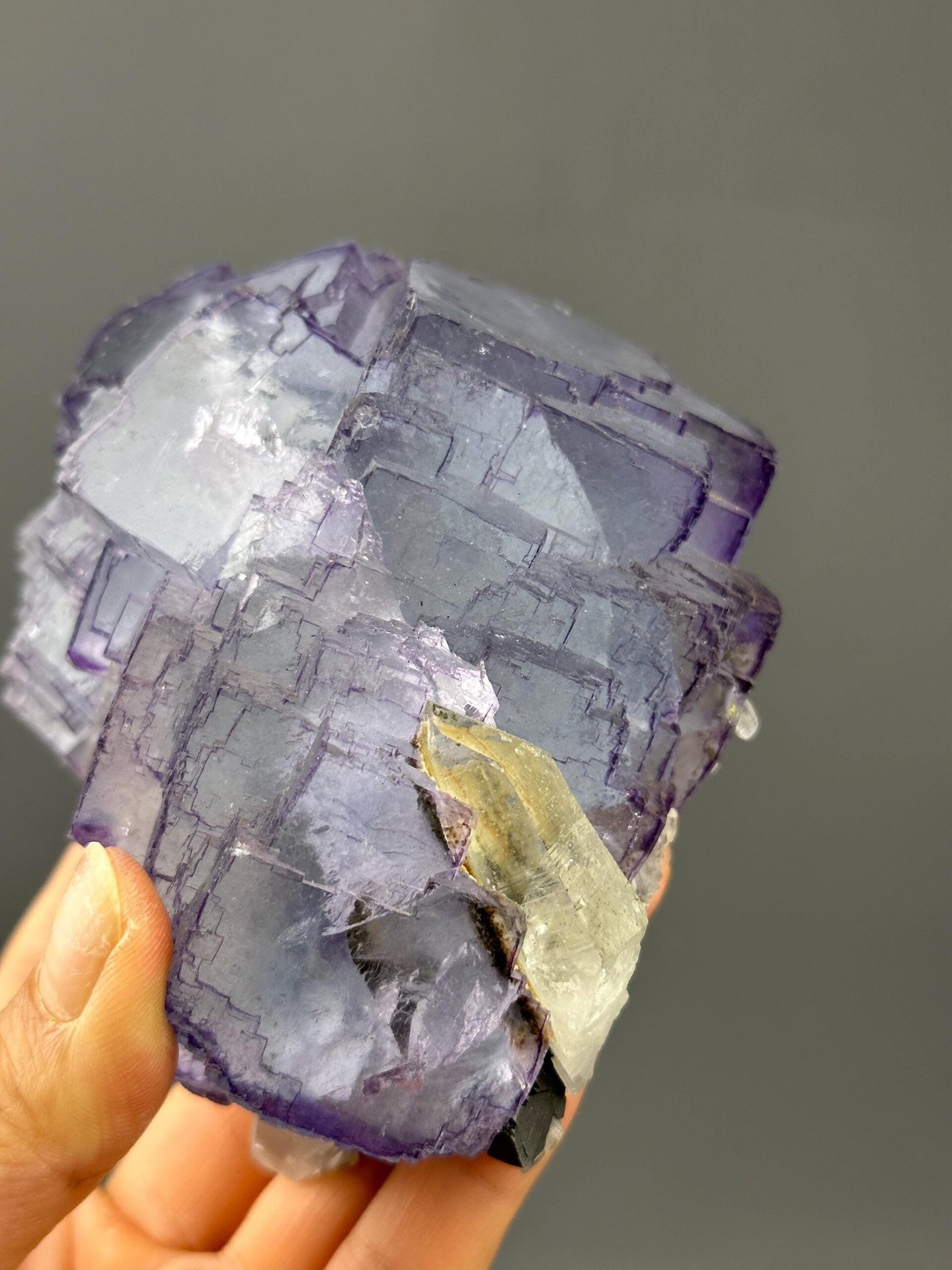 Large museum-grade fluorite twin showing crystal faces