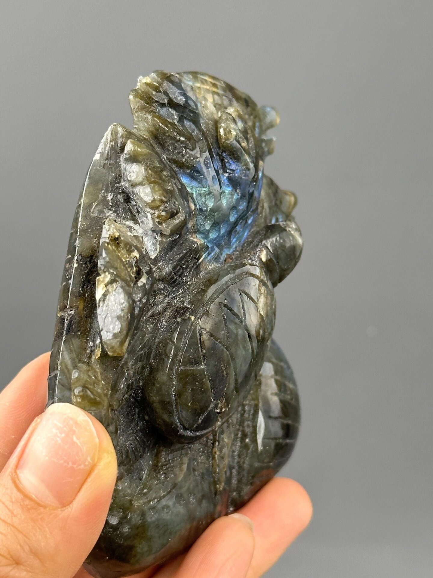 Carved labradorite overhead top-down view