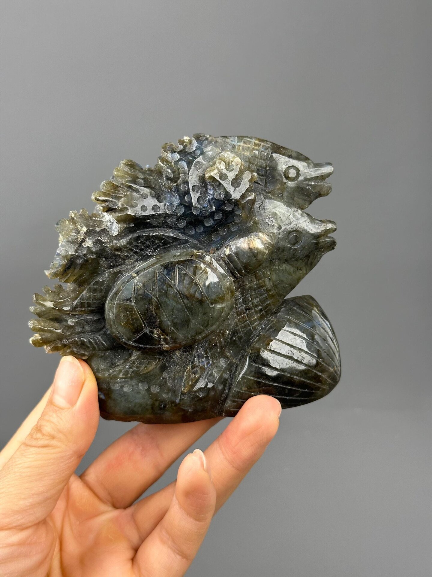 Labradorescence blue gold flash on carved labradorite