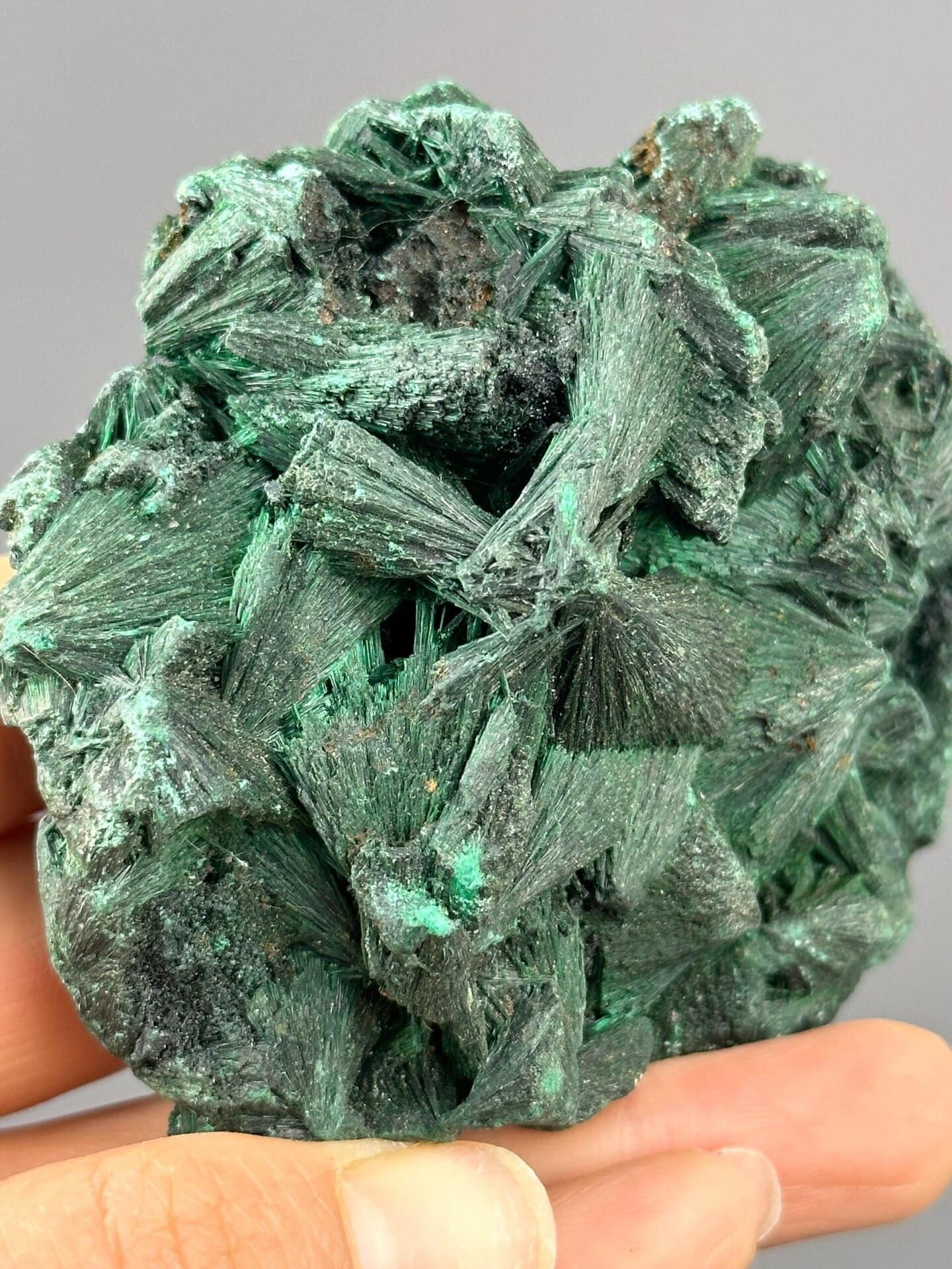 Acicular malachite crystals in dense green cluster
