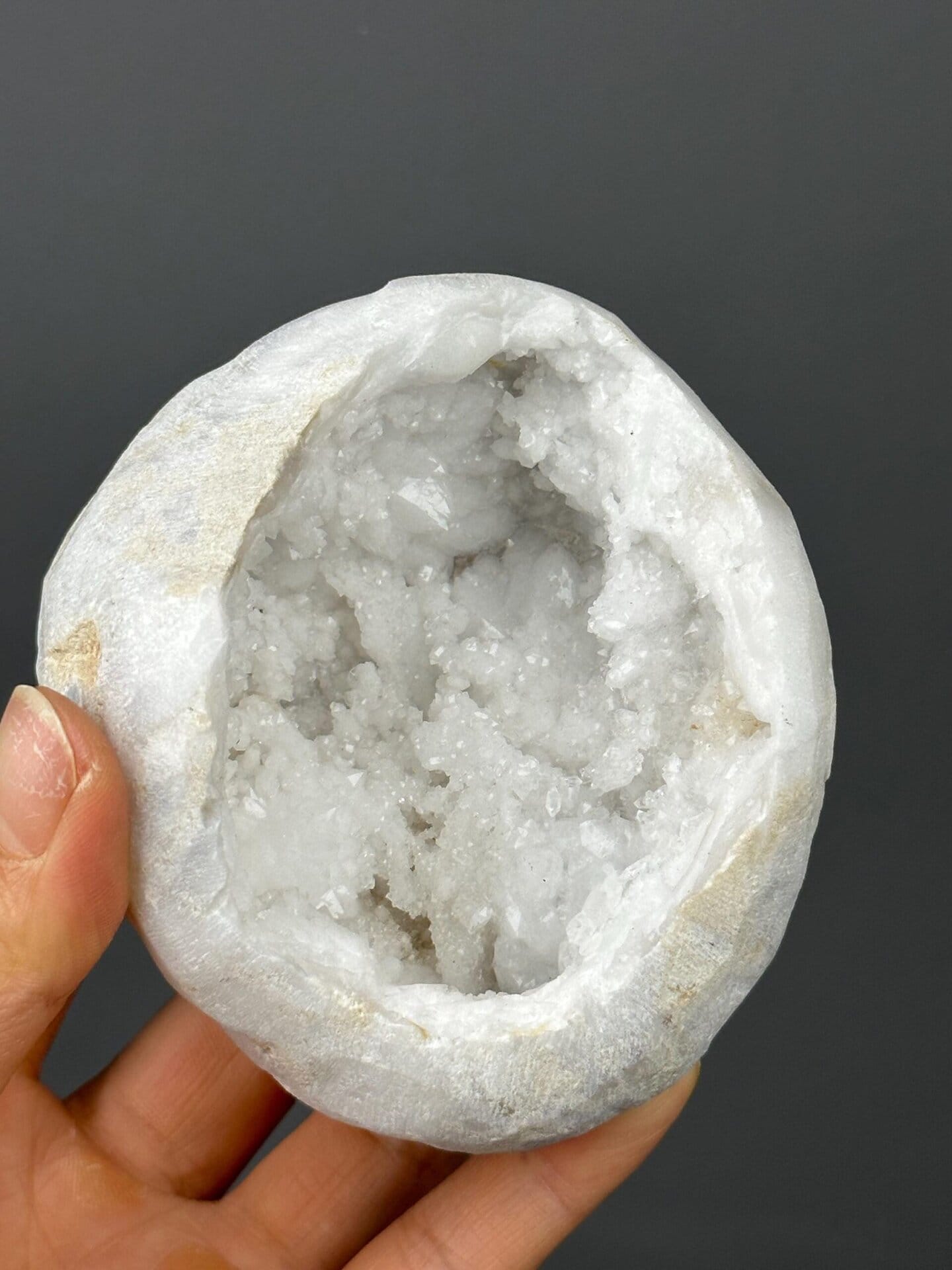 Full front view of large quartz geode display piece
