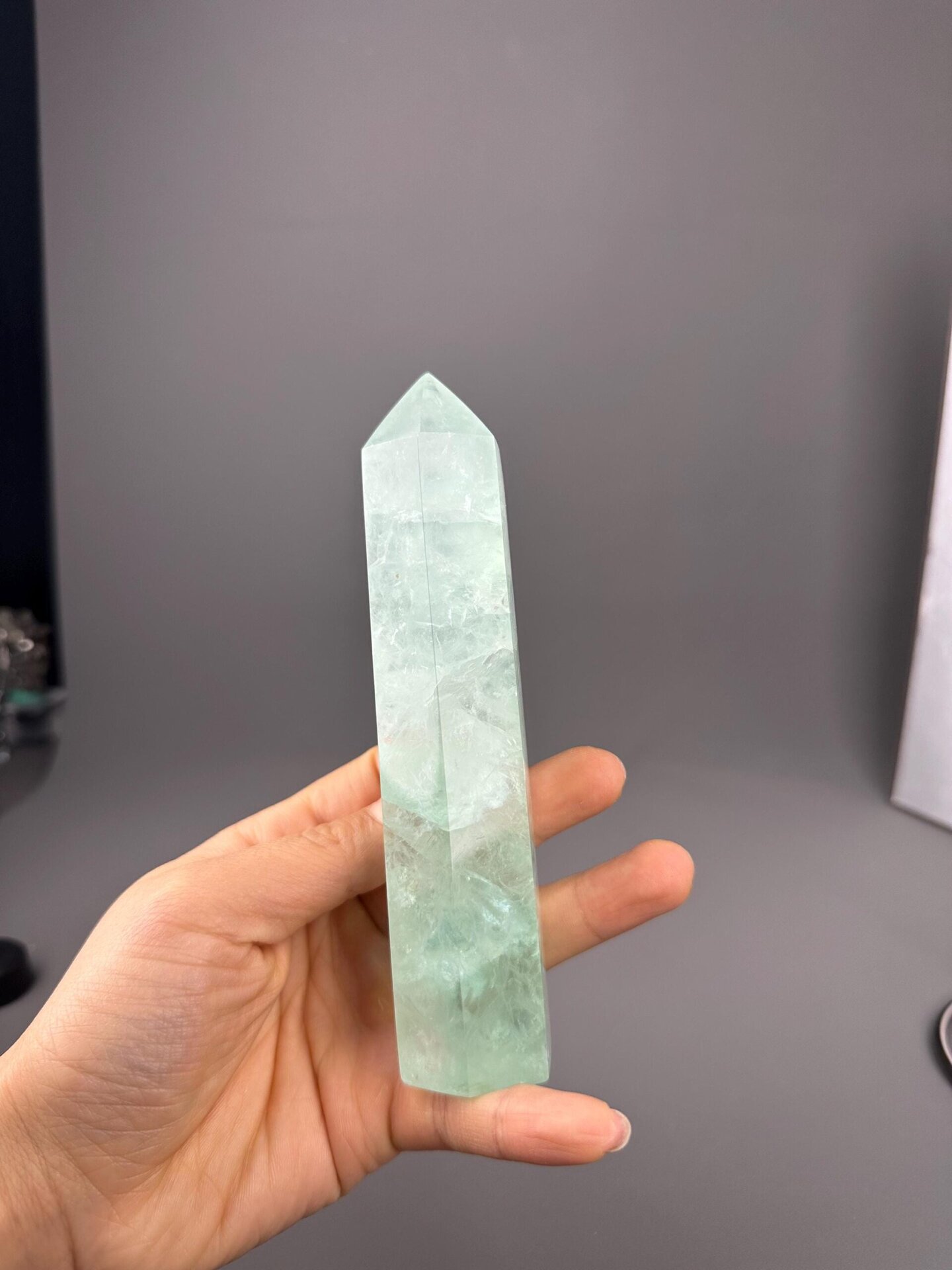 Polished fluorite tower green color detail